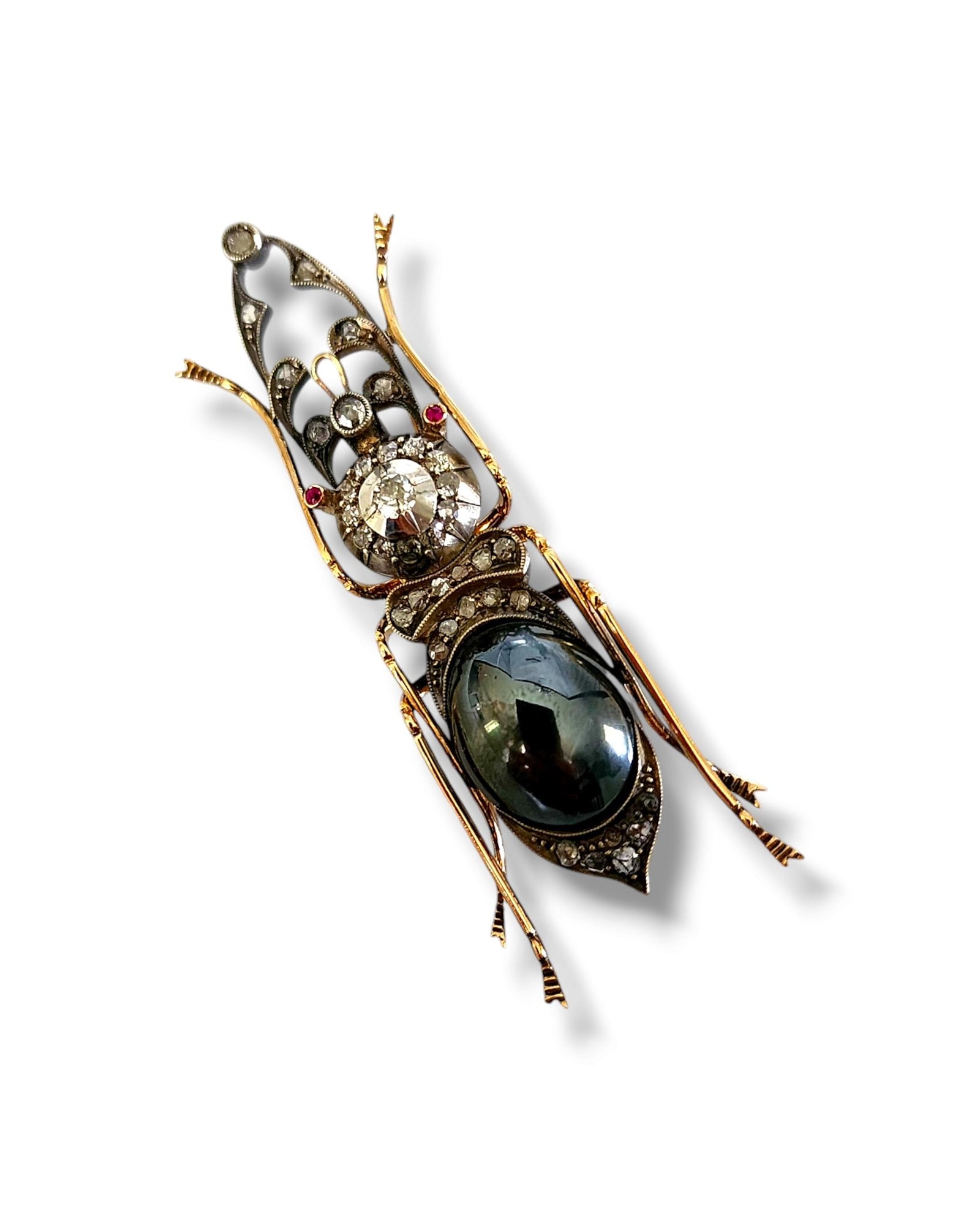 Antique K. Faberge, 56K Gold Beetle Brooch: K. Faberge Antique Imperial Russian 56K Gold and Diamond Beetle Women's Brooch Marked Imperial Russian 56k Gold marks (14k) Material: Gold, 56 gold ( 14k) 47 Natural old cut Diamonds and 2 Rubies