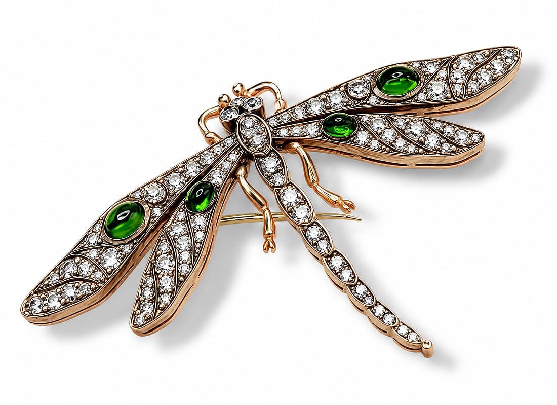 Imperial Russian 56K Gold and Diamond Dragonfly Art Nouveau Brooch: Imperial Russian 56k Gold and Diamond Dragonfly Art Nouveau Brooch Material: Gold 56 assay value approximately 14k Gold Region: Russia Marked: Yes, signed 56 and work maser initials A.T Stone: