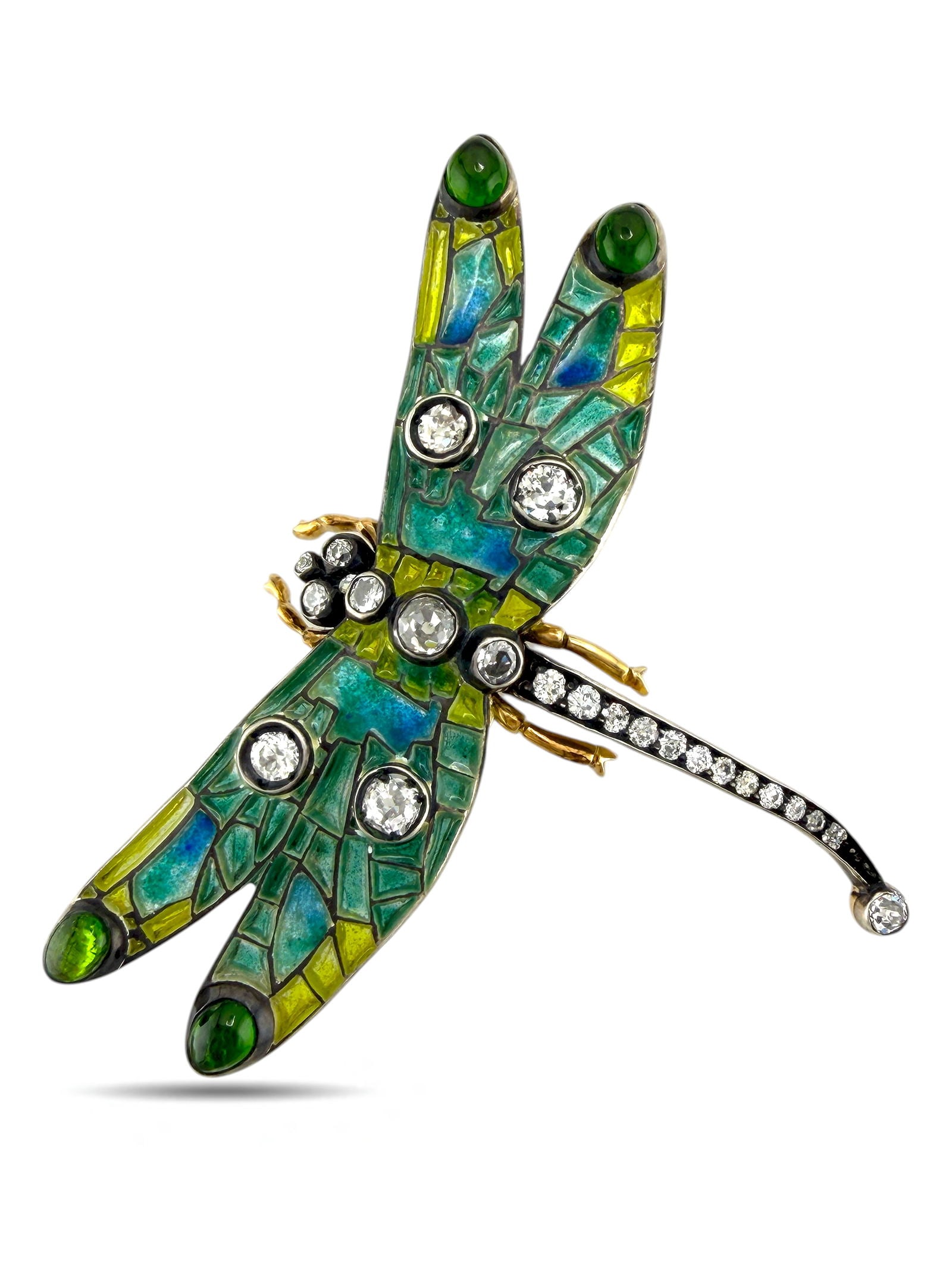 Imperial Russian Period 56K Gold Enamel and 1.5ct Diamond Dragonfly Brooch: Imperial Russian 56 Gold & 1.50 Carat Diamond Dragonfly Brooch, Circa 1900 A rare and highly collectible Imperial Russian dragonfly brooch, beautifully handcrafted in 56 zolotnik gold (approximately
