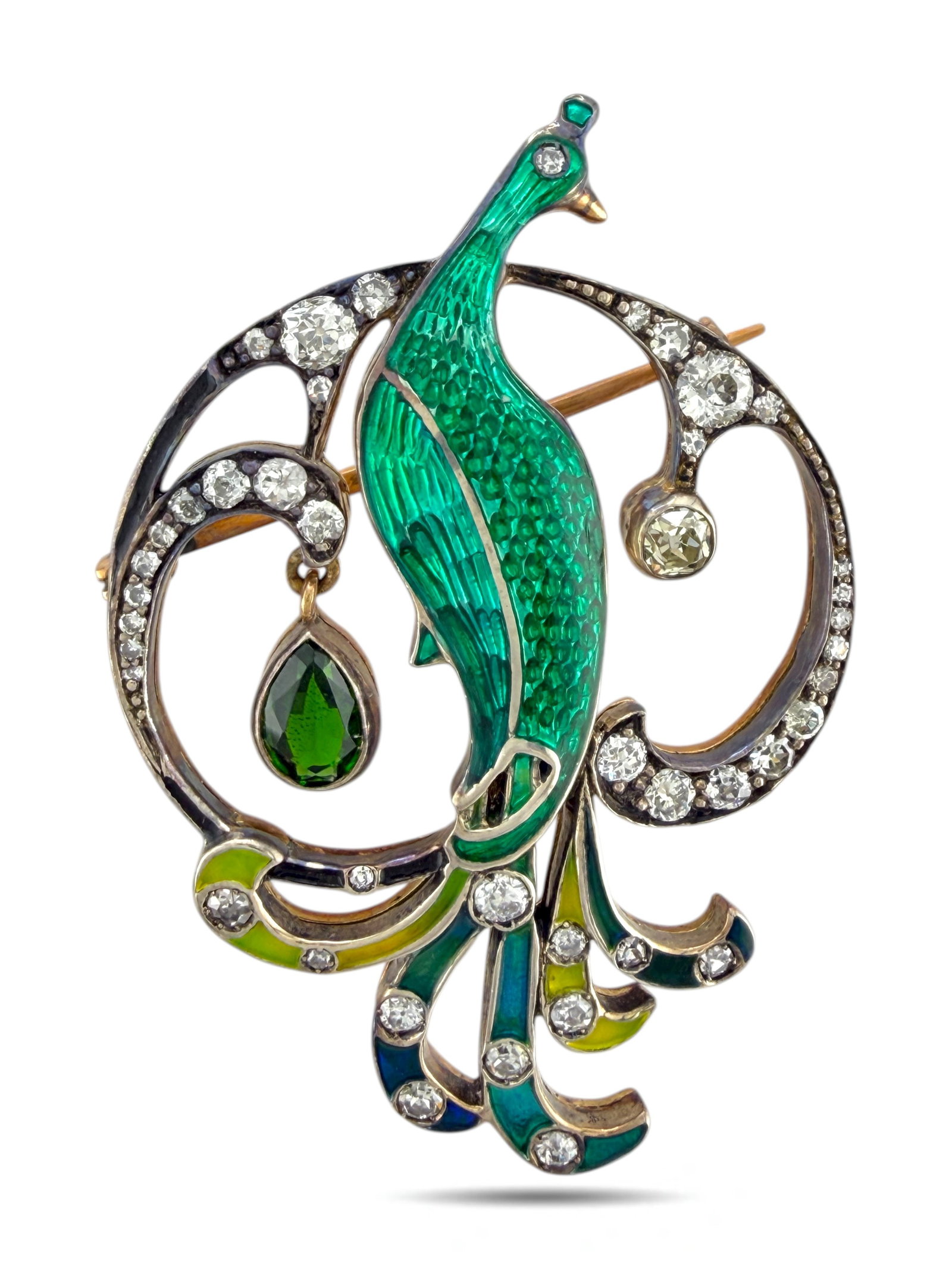 Imperial Russian Period Gold Enamel and Diamond Peacock Brooch: Imperial Russian 56K Gold, Enamel and Diamond Peacock Brooch An extraordinary pre-1917 Imperial Russian brooch showcasing a beautifully enameled peacock adorned with old-cut diamonds. Crafted in 56K
