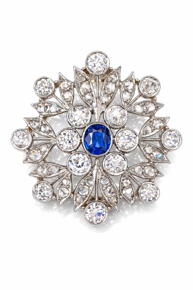 Snowflake Style 18K White Gold Brooch: 18K White Gold Brooch with Diamonds and Sapphire 6.0 Carats! Materials: 1 Sapphire and 50 Total Diamonds Total Carat Weight: 6.0 ct. Size: 3.5mm Weight: 11 g Lot Reference Number - 101600695 Total