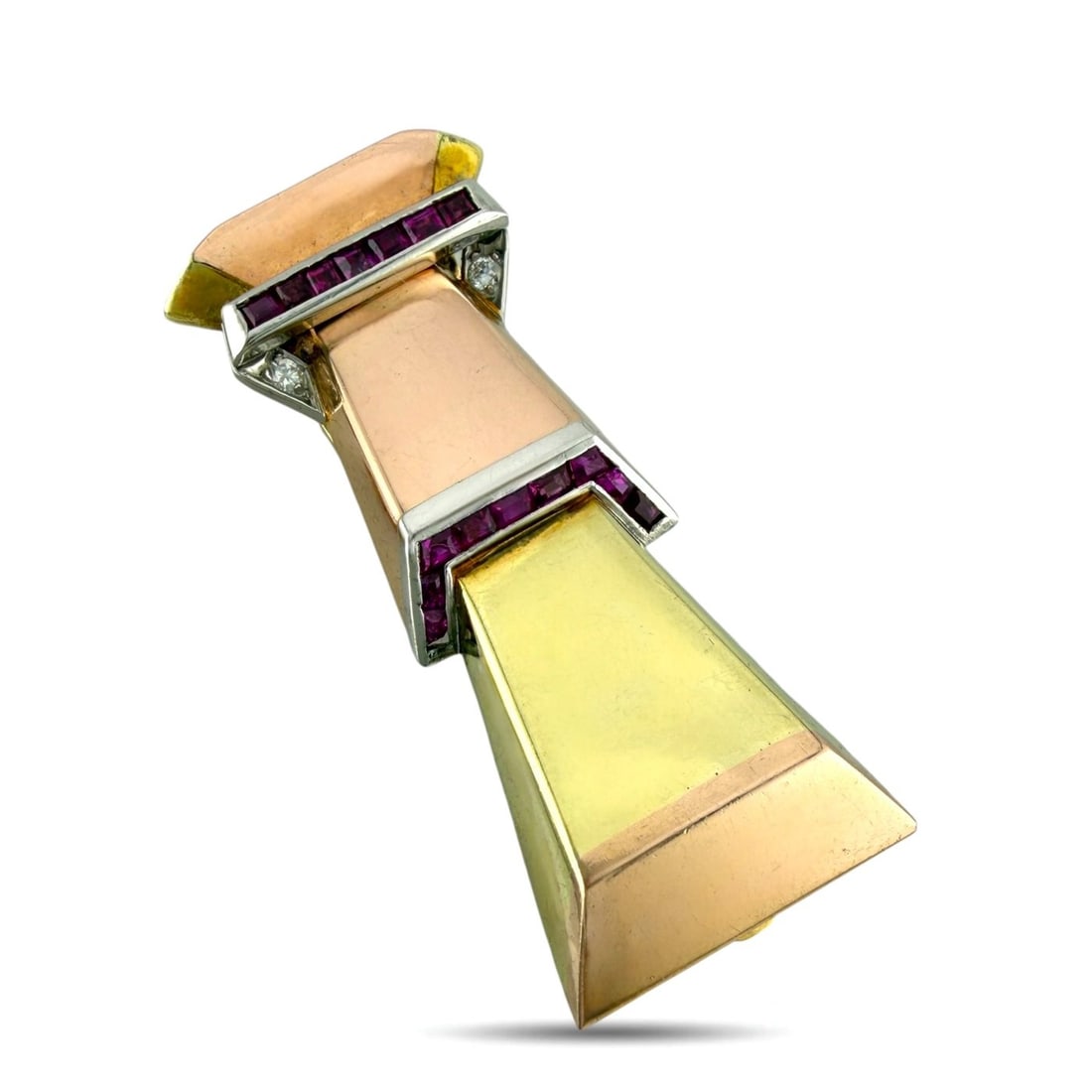 14K Rose and Yellow Gold Ruby Brooch: 14K Rose and Yellow Gold Ruby Brooch This elegant brooch presents a refined two tone gold design, combining the warmth of rose gold with the classic glow of yellow gold. Square cut rubies add a rich
