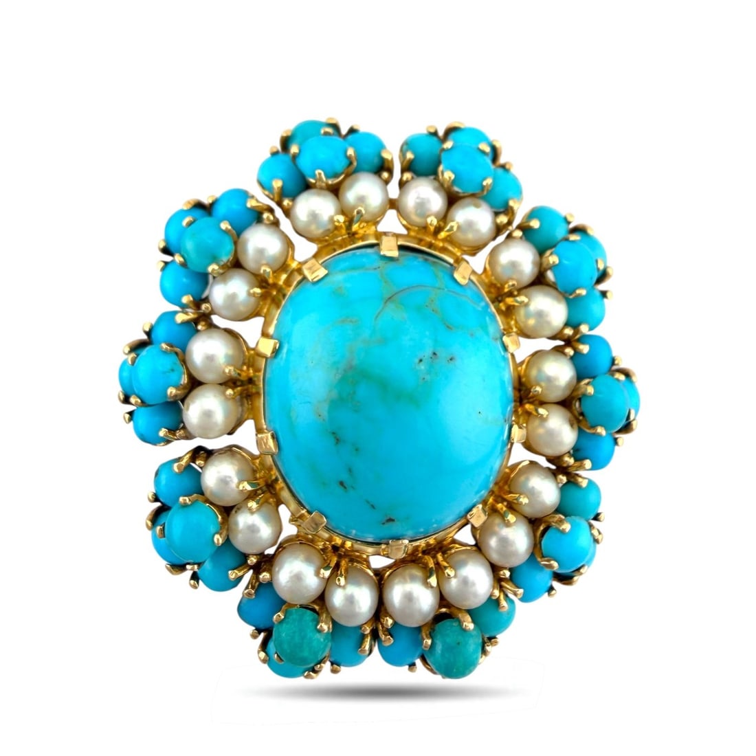 14K Yellow Gold French Turquoise and Pearl Pendant: 14K Yellow Gold French Turquoise and Pearl Pendant Brooch A refined French creation crafted in warm 14 karat rose gold, centered by a richly saturated oval turquoise that anchors the design with vibra