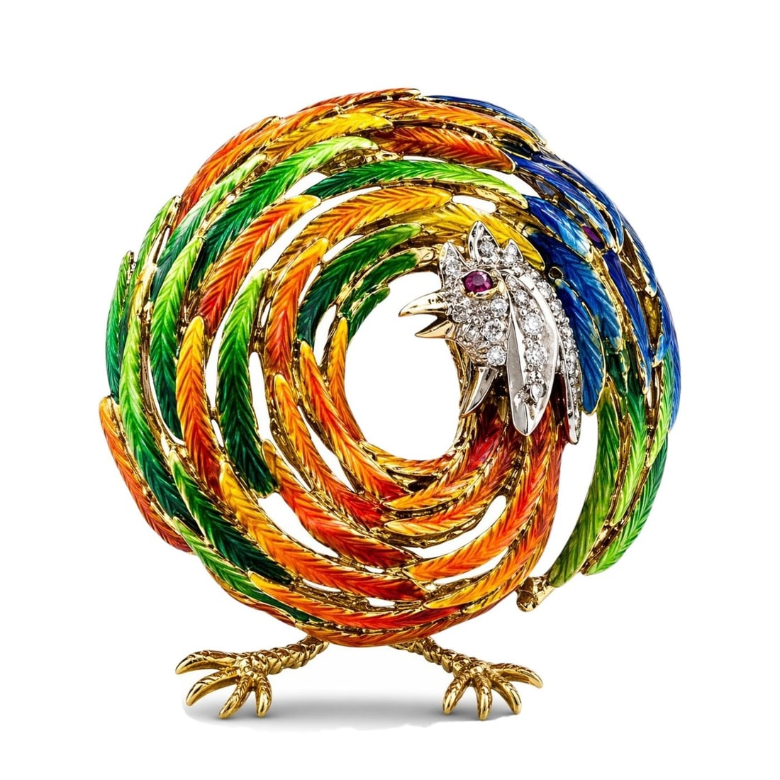 18K Yellow Gold Enamel Ruby and 0.11ct Diamond Rooster Brooch: 18K Yellow Gold Enamel Ruby and 0.11ct Diamond Rooster Brooch A charming and vividly detailed circular rooster brooches crafted in 18 karat yellow Gold. The design is brought to life with blue, green,