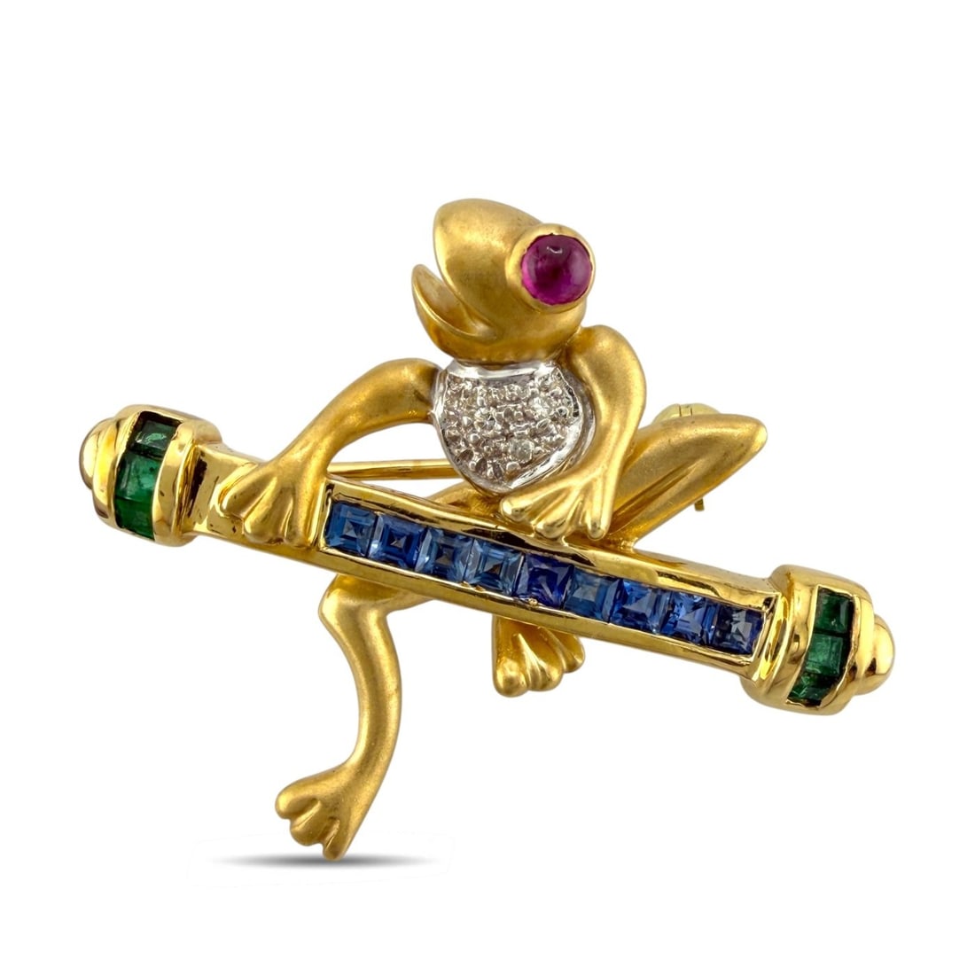 14K Yellow Gold Ruby Sapphire Emerald and 0.02ct Diamond Leaping Frog Brooch: 14K Yellow Gold Ruby Sapphire Emerald and 0.02ct Diamond Leaping Frog Brooch A charming and whimsical frog brooches crafted in 14 karat yellow Gold, designed in a lively leaping motion. The figure is 