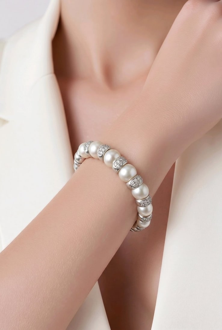 18K White Gold Italian 1.8ct Diamond and Natural Pearl Bracelet: 18K White Gold Italian 1.8ct Diamond and Natural Pearl Bracelet A refined Italian bracelet crafted in 18 karat white gold with an elegant elastic design. The piece is accented by a luminous arrangemen