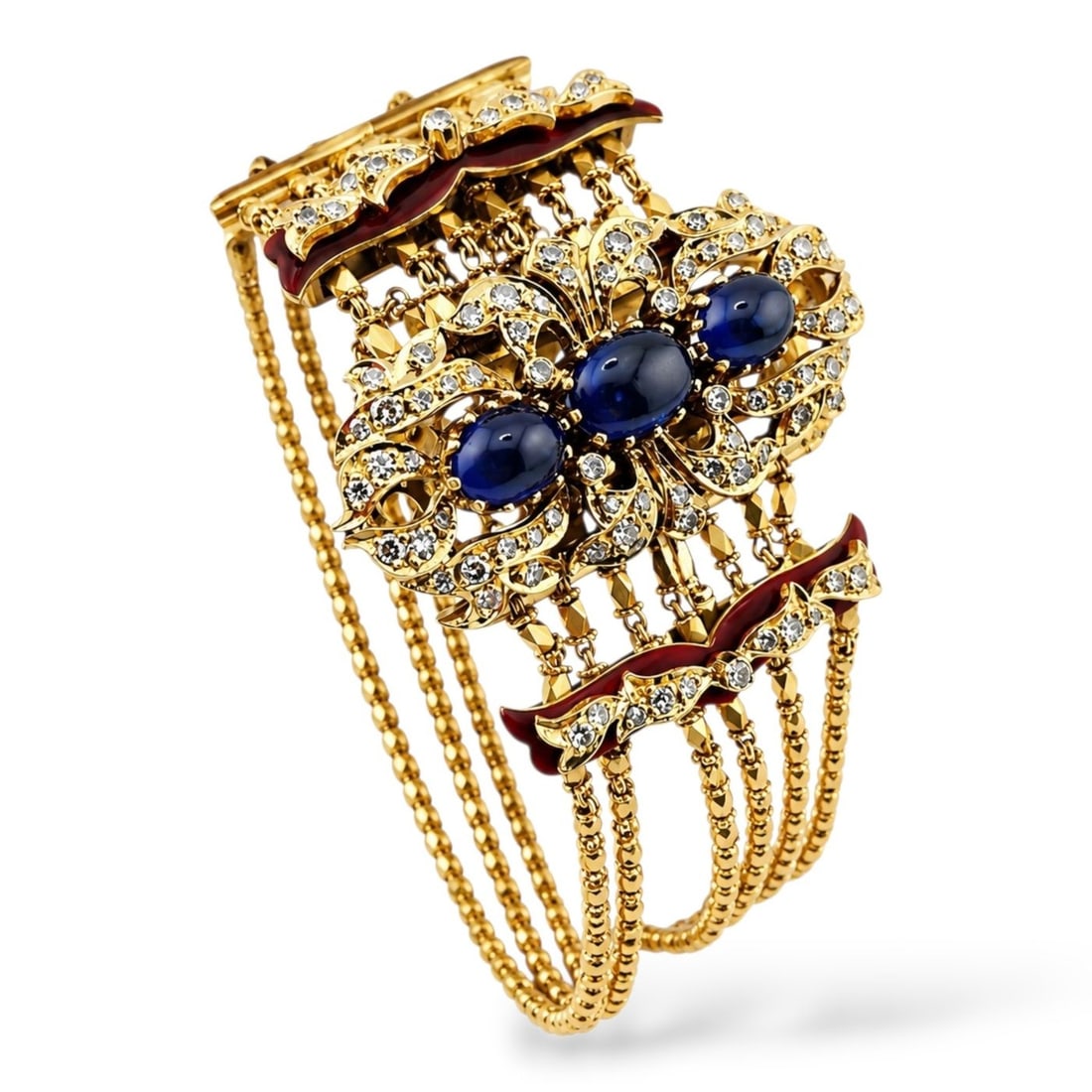 Antique 18K Yellow Gold Red Enamel 4.00ct Sapphire and 2.50ct Diamond Bracelet (1 of 13)