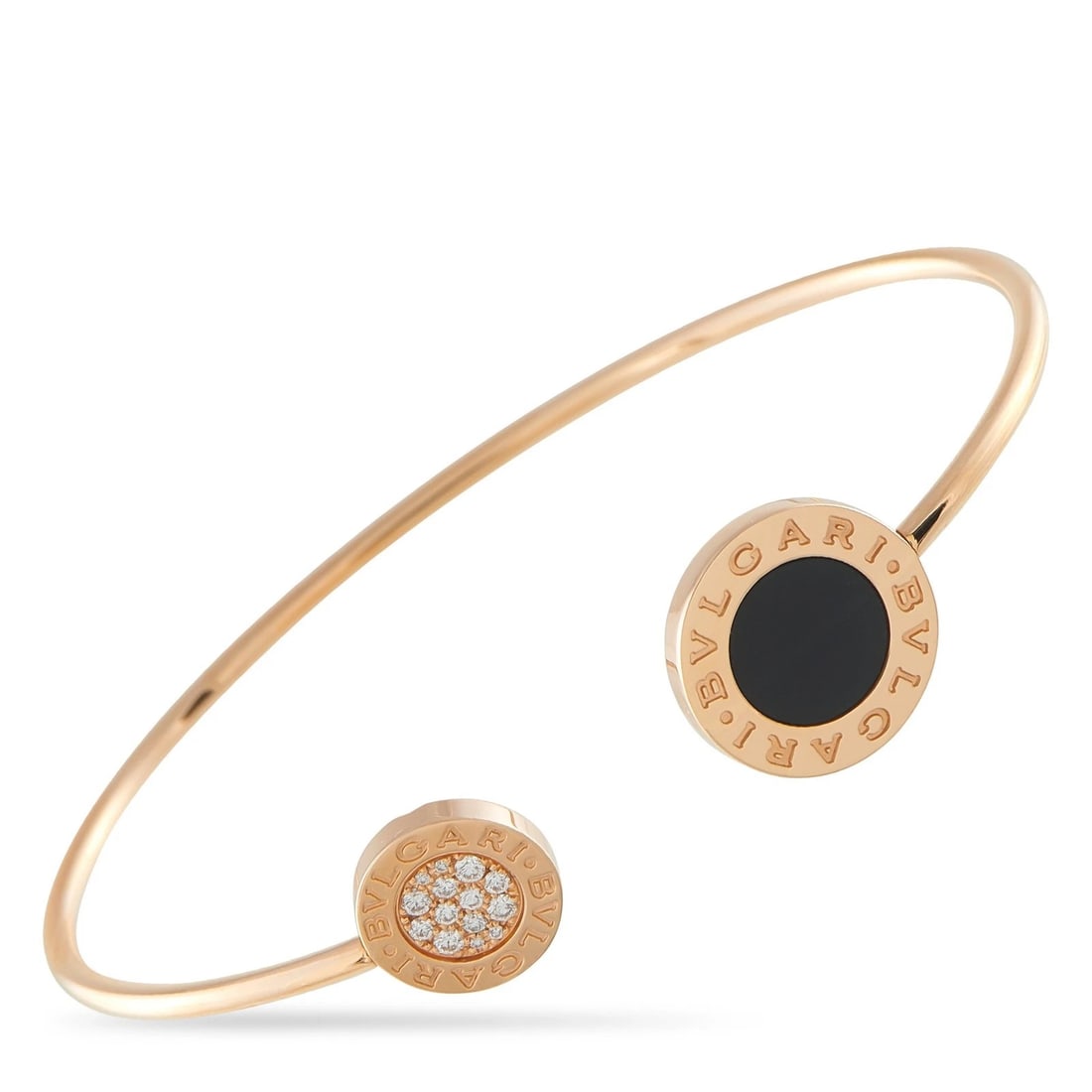 Bvlgari 18K Rose Gold Diamond and Onyx Bracelet: This Bvlgari bangle bracelet is a contemporary piece that will add a touch of luxury to any ensemble. The delicate 18K Rose Gold setting beautifully showcases circular motifs accented by inset Diamond