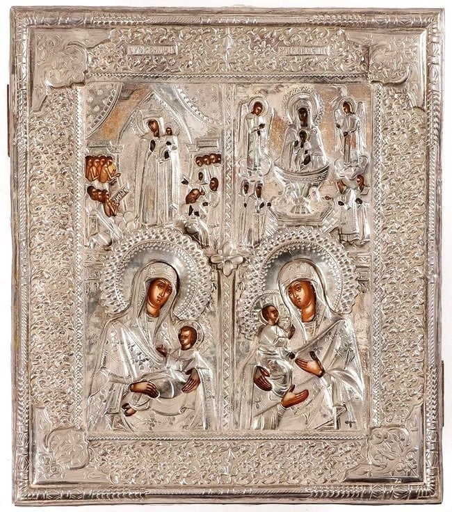 Antique 19th Century Russian Silver Icon 4 parts: 19th Century Russian Antique Silver Icon 4 parts FINE RUSSIAN ICON IN FOUR PARTS, 19TH C. Comprising affinely painted icon depicting four different miraculous working icons of the Mother of God each i