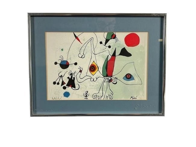 Joan Miro (1893-1983) Signed Print: Joan Miro (1893-1983) Signed Print Signed and framed print with abstract and vibrant composition. The frame measures 12 1/4 inches tall by 16 1/4 inches wide, and the image measures 8 1/4 inches tall 