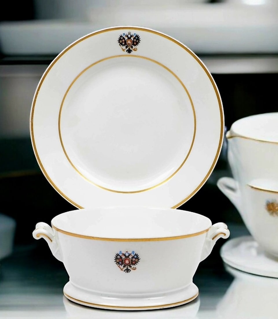 Imperial Rare Russian Porcelain Coronation Service Circa 1800s Bowl: Russian Imperial Porcelain Coronation Service. Comprising a bowl and underplate from the Coronation Service of Alexander III. Both with gilt banding and the Imperial double headed eagle and the unders