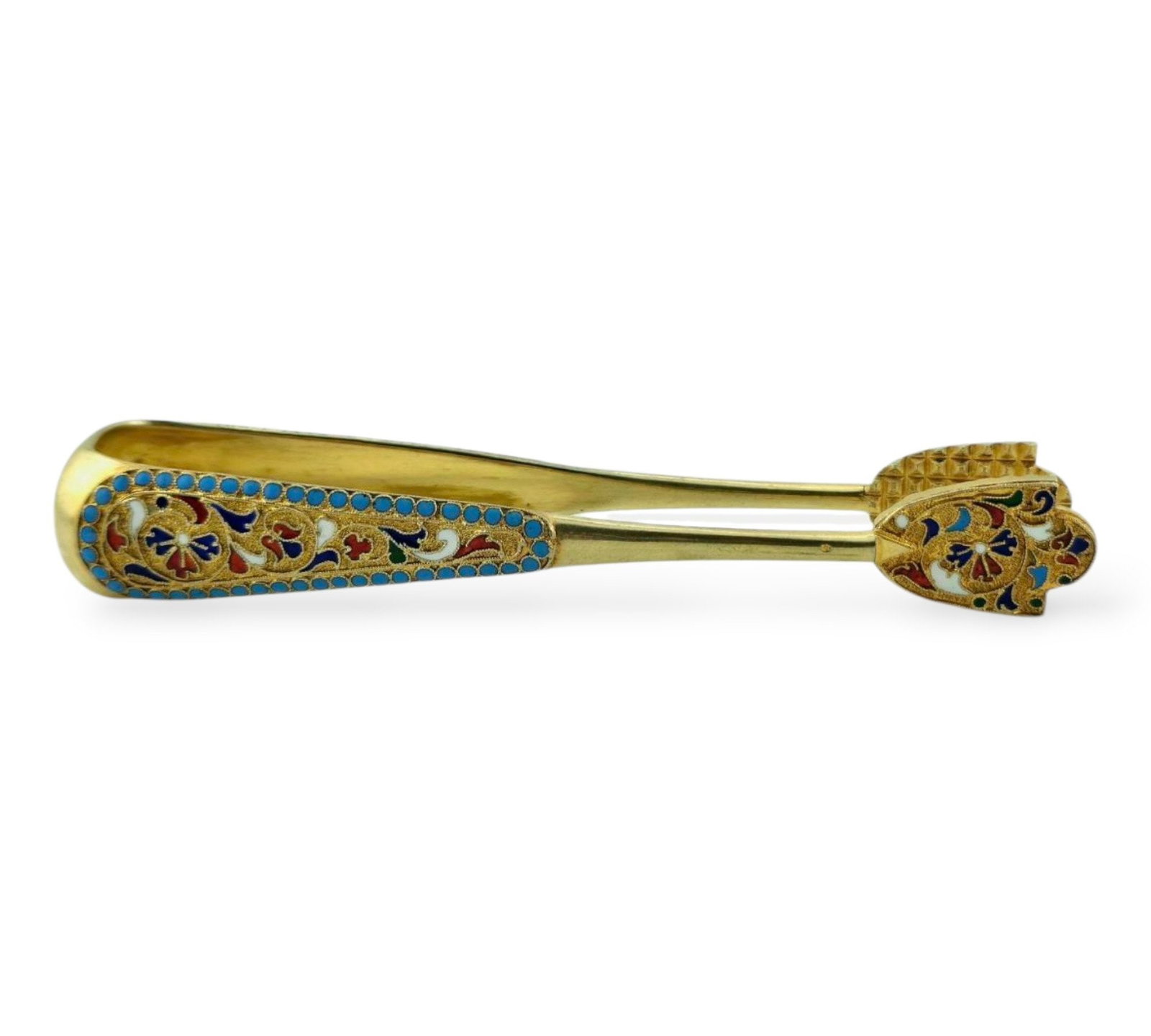 Imperial Russian 84 Silver and Enamel Sugar Tongs Circa 1900: Imperial Russian 84 Silver and Enamel Sugar Tongs Circa 1900 Material. 84 Silver, Enamel Signed with 84 silver mark, town mark and work master initials GK for Gustav Klingert Dated 1898-1909 ( Kokoshn