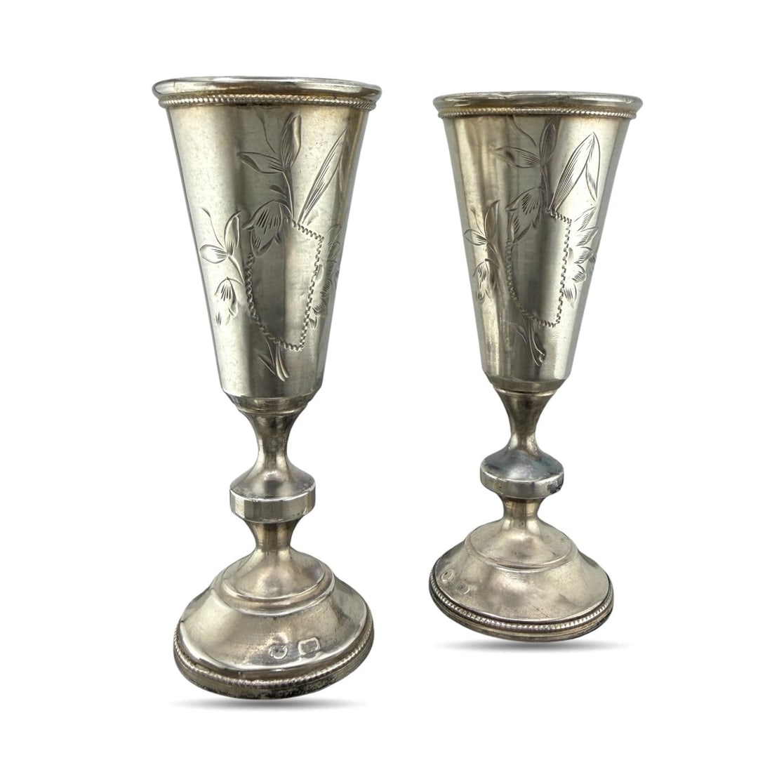 Imperial Russian 84 Zolotnik Silver Pair of Antique Cups: Imperial Russian 84 Zolotnik Silver Pair of Antique Cups This elegant pair of antique Russian silver cups is crafted in the traditional 84 zolotnik silver standard, equivalent to .875 silver. The slim