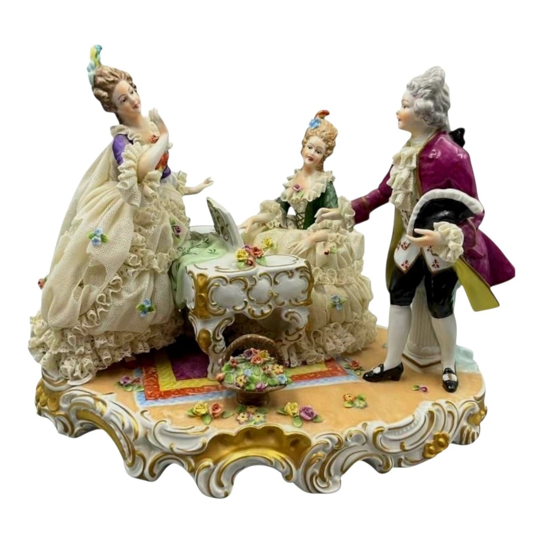 Heinz Schaubach Dresden Porcelain Figurine Grand Piano Concert Lace Group German: Heinz Schaubach Dresden Porcelain Figurine Grand Piano Concert Lace Group GermanVintage Heinz Schaubach Kunst Dresden porcelain figurine group featuring an elegant grand piano concert scene with finel