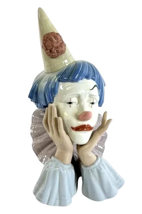 Lladro Jester 5129 Porcelain Figurine: Lladro Vintage Limited Edition Porcelain Jester 5129Lladro porcelain figurine titled 'Jester,' model number 5129, featuring a clown with a conical hat and blue hair resting its face in both hands. Fin
