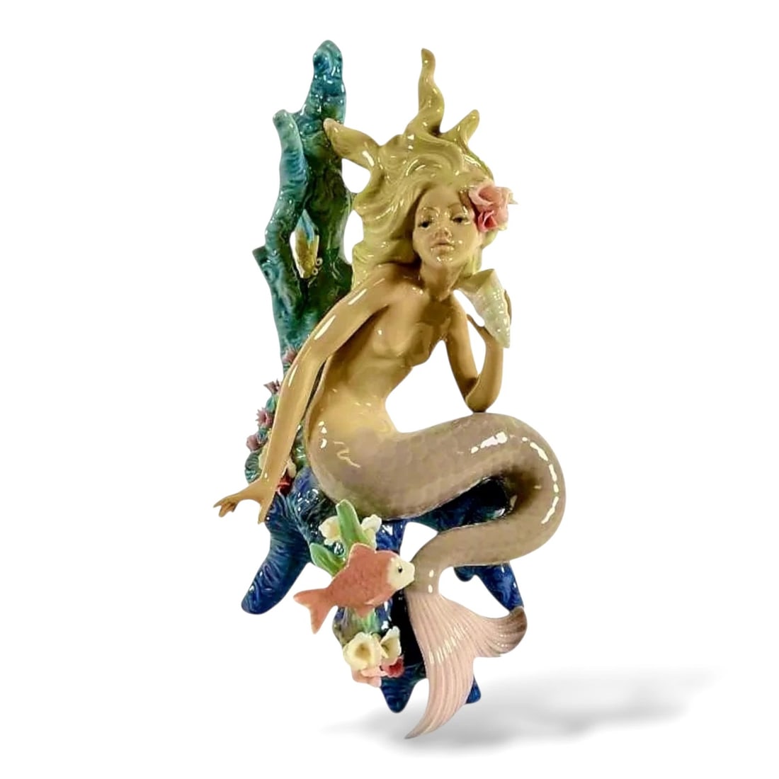 Lladro Limited Edition Porcelain Figurine Ocean Beauty model 5785 Original Box: Lladro porcelain figurine titled 'Ocean Beauty,' model number 5785. Depicts a mermaid holding a seashell, seated on a coral-inspired base adorned with small flowers and marine life. Approximately 10 i