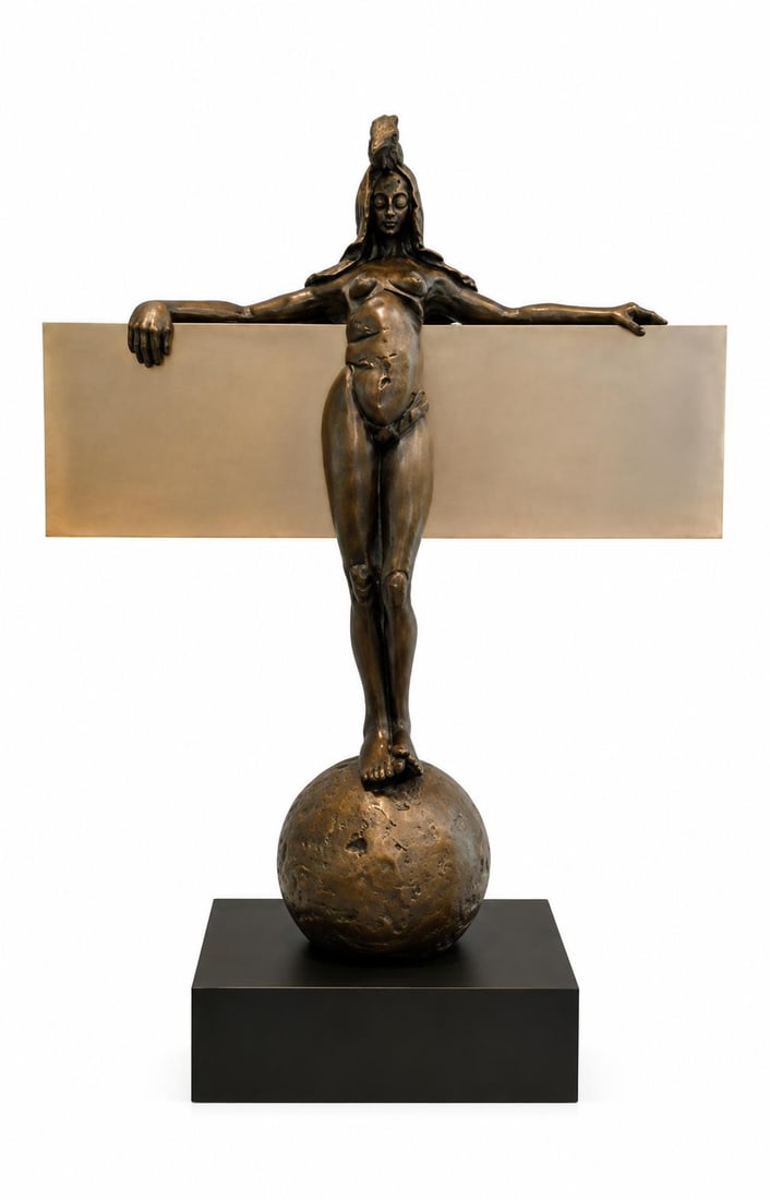 Bronze & Frosted Lucite Figurative Sculpture, in the Manner of Richard MacDonald: Bronze & Frosted Lucite Figurative Sculpture, in the Manner of Richard MacDonald Striking contemporary figurative sculpture executed in patinated bronze and frosted Lucite, depicting an elongated fema