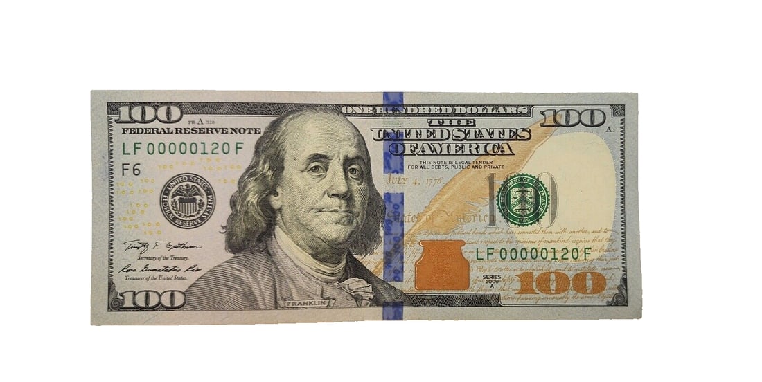 $100 Dollar Bill Federal Reserve Banknote Low Serial Number LF00000120F: 100 Dollar Bill Federal Reserve Banknote Low Serial Number LF00000120F