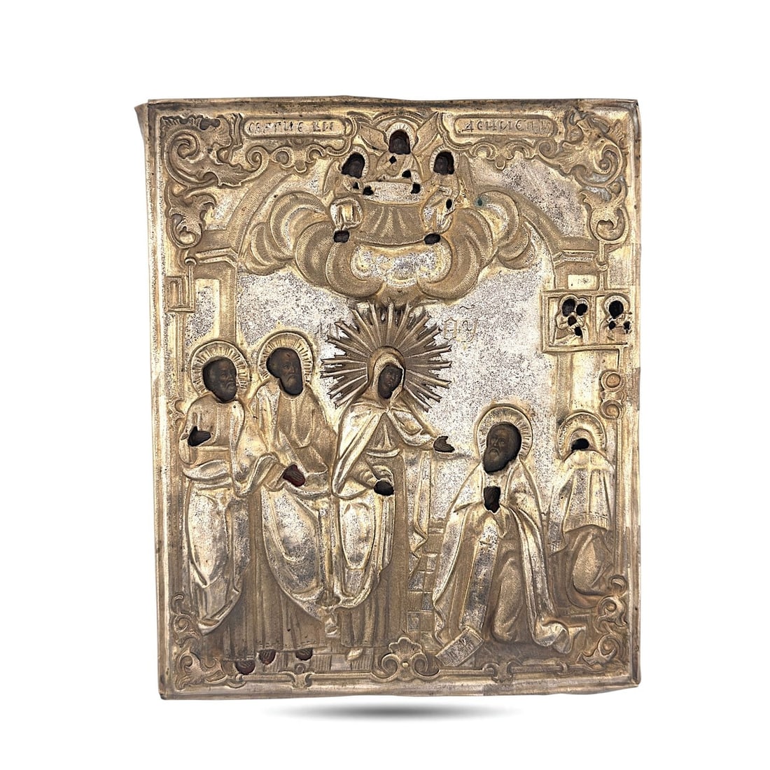 19th Century Russian Wooden Icon with Brass Oklad Scene of the Virgin with Saints (1 of 7)