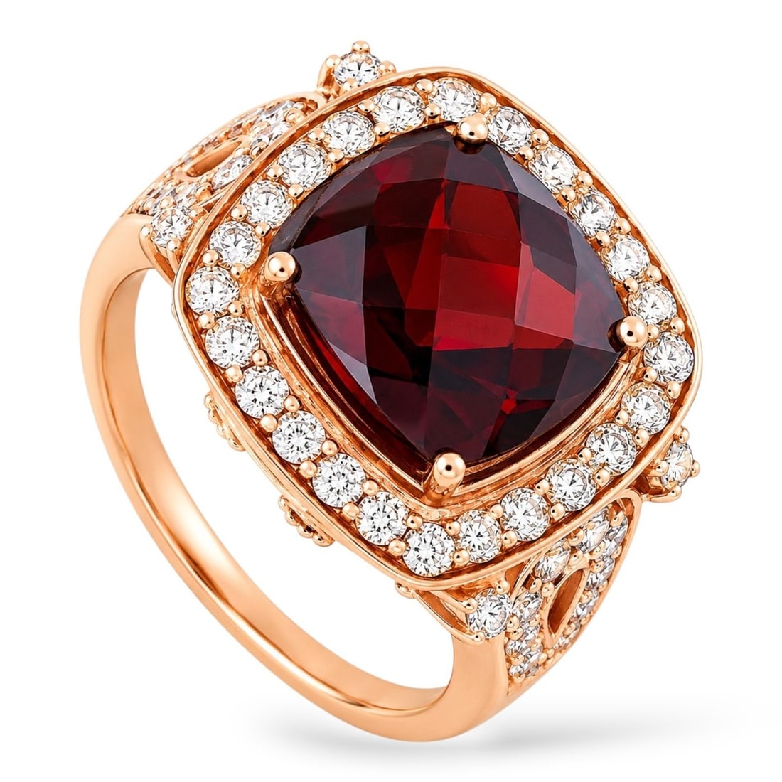 Le Vian 14K Rose Gold 1.01ct Diamond and 6.0ct Garnet Ring: LE VIAN 14K Rose Gold 1.01ct Diamond and 6.0ct Garnet Ring This Le Vian ring is simply breathtaking. A vibrant 6.0 carat checkerboard cut Garnet adds color, texture, and dimension to the overall desig