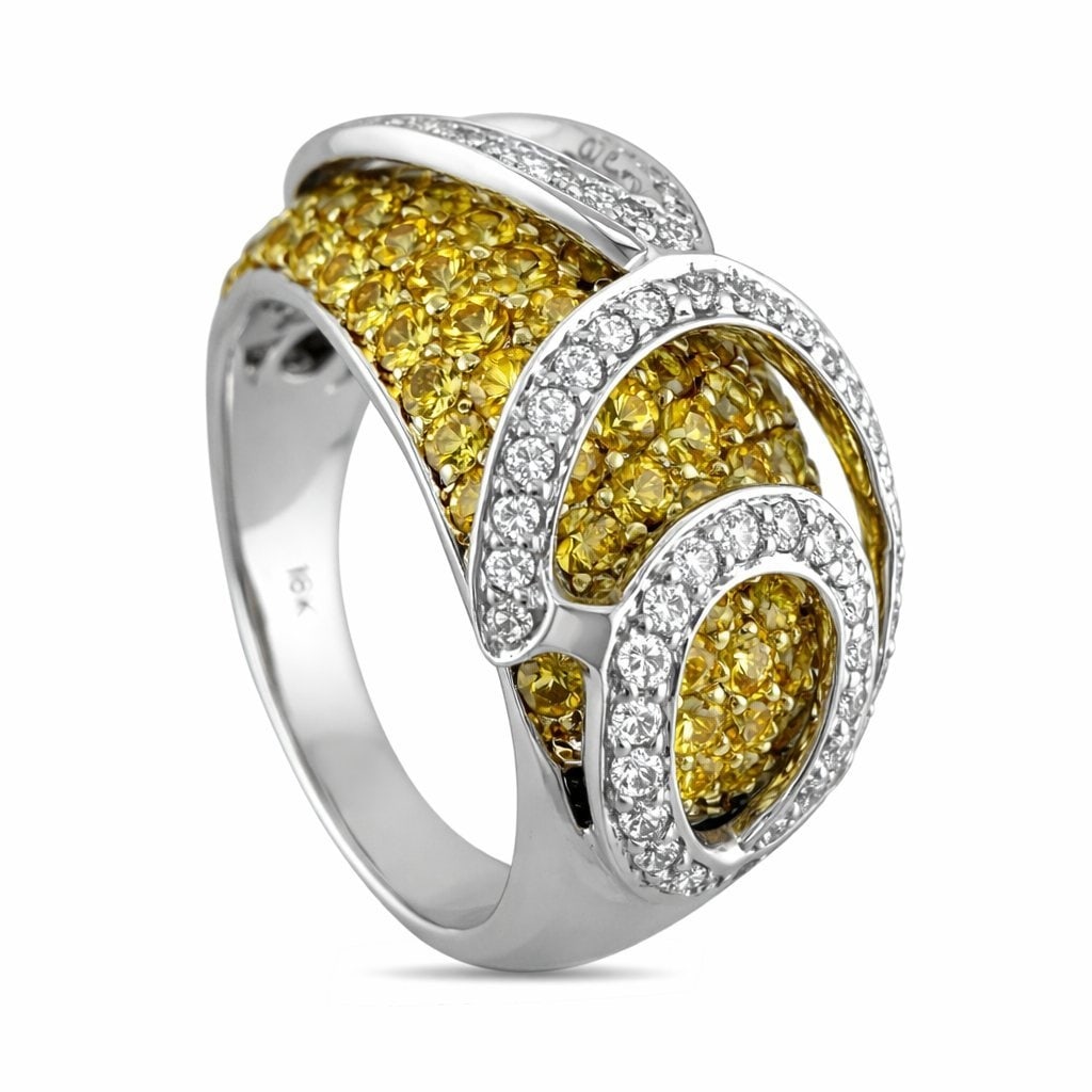 14K White Gold Multi Row 1.72ct Citrine and 0.65ct Diamond Ring: 14K White Gold Multi Row 1.72ct Citrine and 0.65ct Diamond Ring An elegant and richly set white gold ring featuring an impressive arrangement of vivid citrines across the surface. The carefully struct