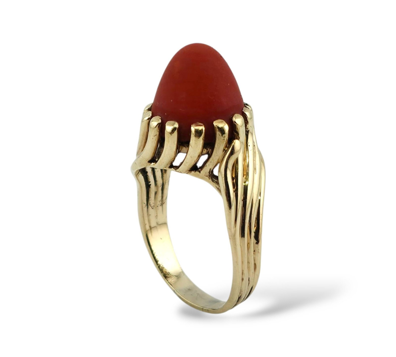 14K Yellow Gold Ring: 14K Yellow Gold Ring with Red Coral Cabochon This classic ring features a smooth red coral cabochon set in polished 14K yellow gold, creating a warm and timeless composition. The vibrant hue of the co