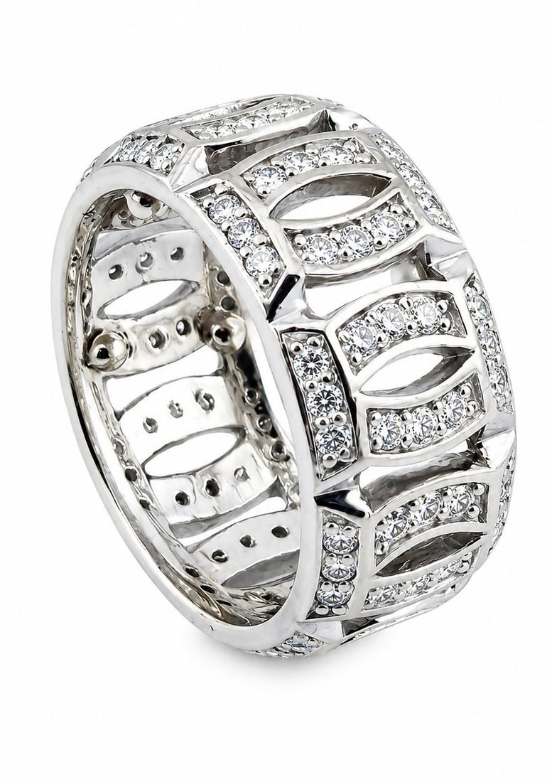 14K White Gold 1.00ct Diamond Band: 14K White Gold 1.00ct Diamond Band Ring A refined white gold band ring designed with rows of diamonds across the setting for a bright and elegant look. The clean band silhouette gives the piece a time