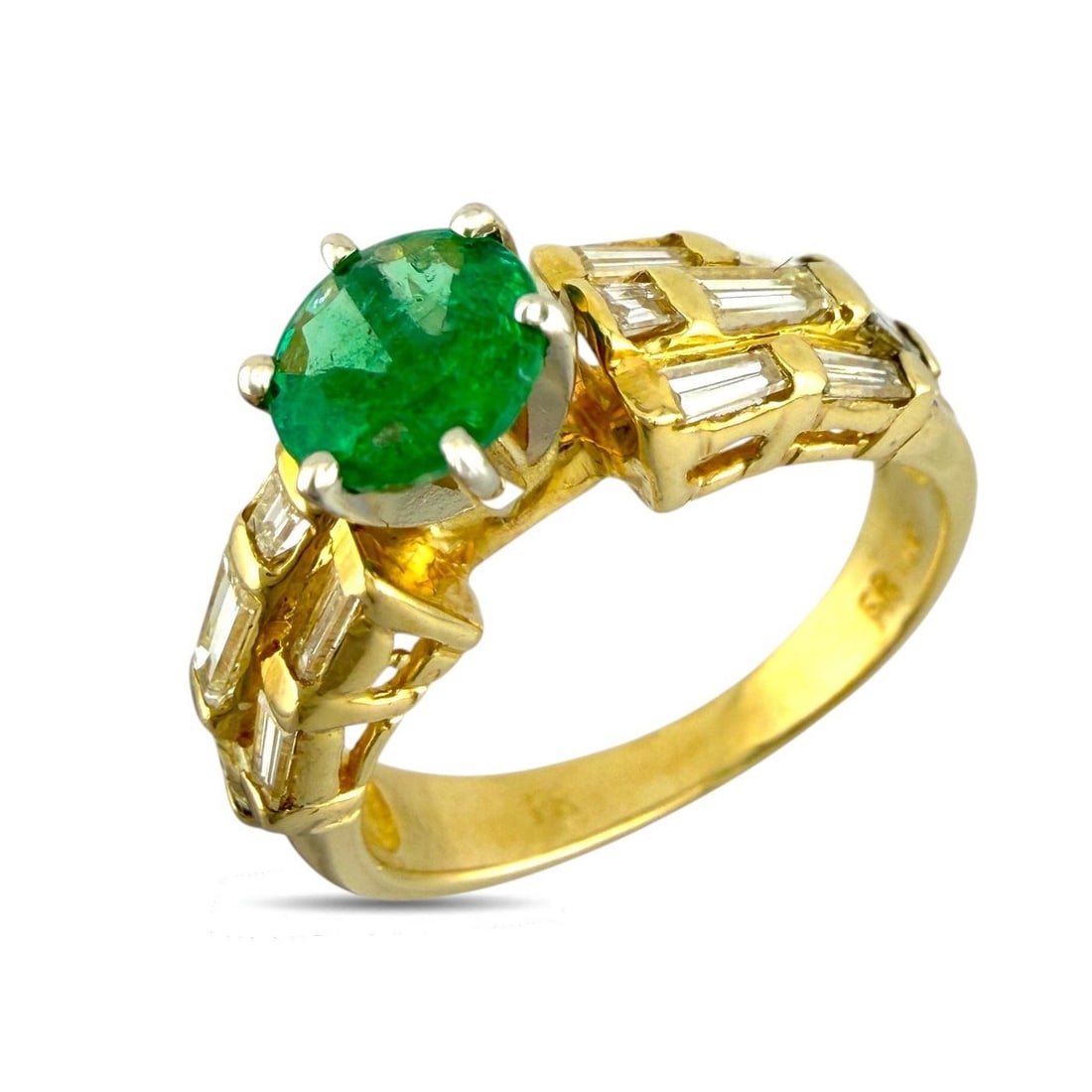 14K Yellow Gold Emerald and 0.75ct Diamond Ring: 14K Yellow Gold Emerald and 0.75ct Diamond Ring This refined gold ring is centered around a vivid emerald weighing approximately 0.75 carats, framed by a combination of round and rectangular cut diamo
