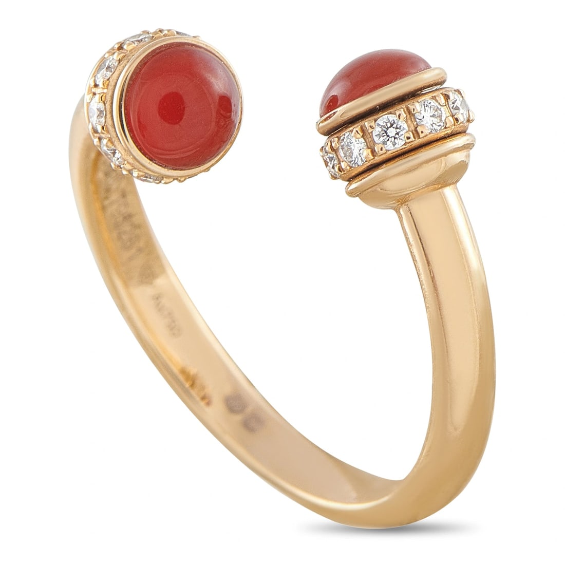 Piaget Possession 18K Rose Gold Diamond Carnelian Ring: This Piaget Possession ring is crafted in 18K rose gold, featuring the brand’s signature rotating spheres, one set with a cabochon carnelian and the other pavé-set with round brilliant diamonds. Th