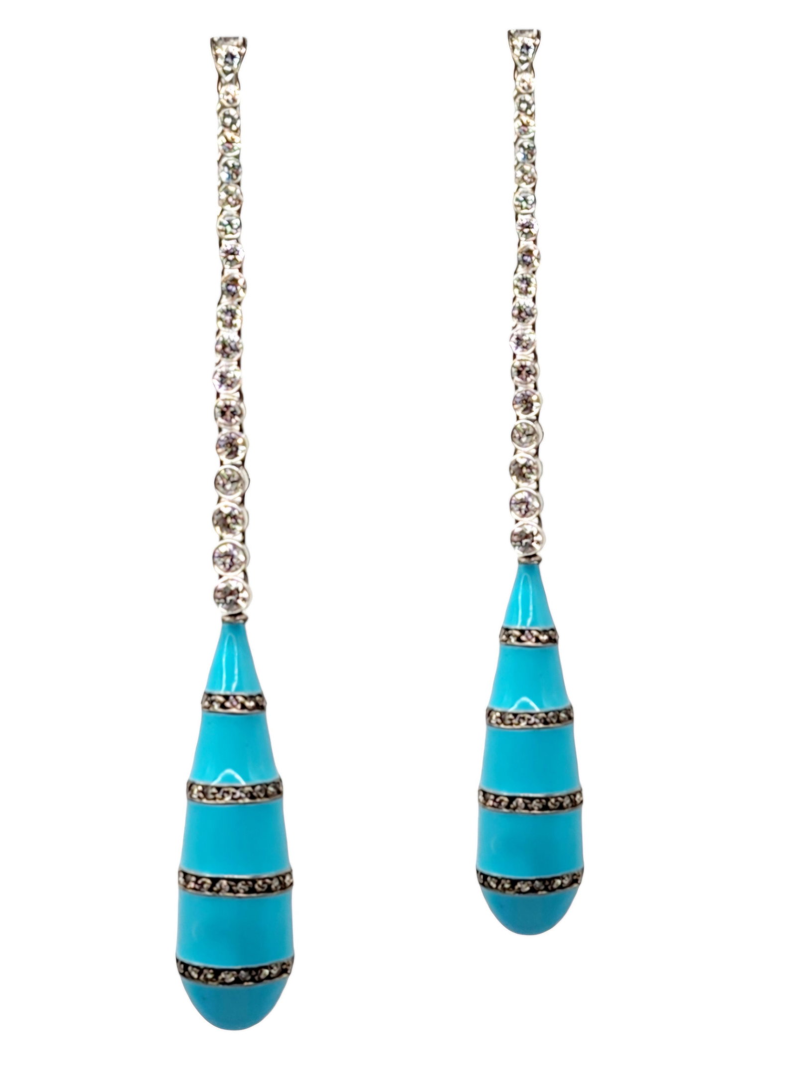 Long 18K Gold, Diamond and Turquoise Earrings: Long 18k Gold, Diamond and Turquoise Earrings Material: 18k gold (750 YG) Weight; 16 Grams Size; 9cm Turquoise 35mm each Diamonds: Natural round diamonds. on each earring 17 large Diamonds from 2.54mm