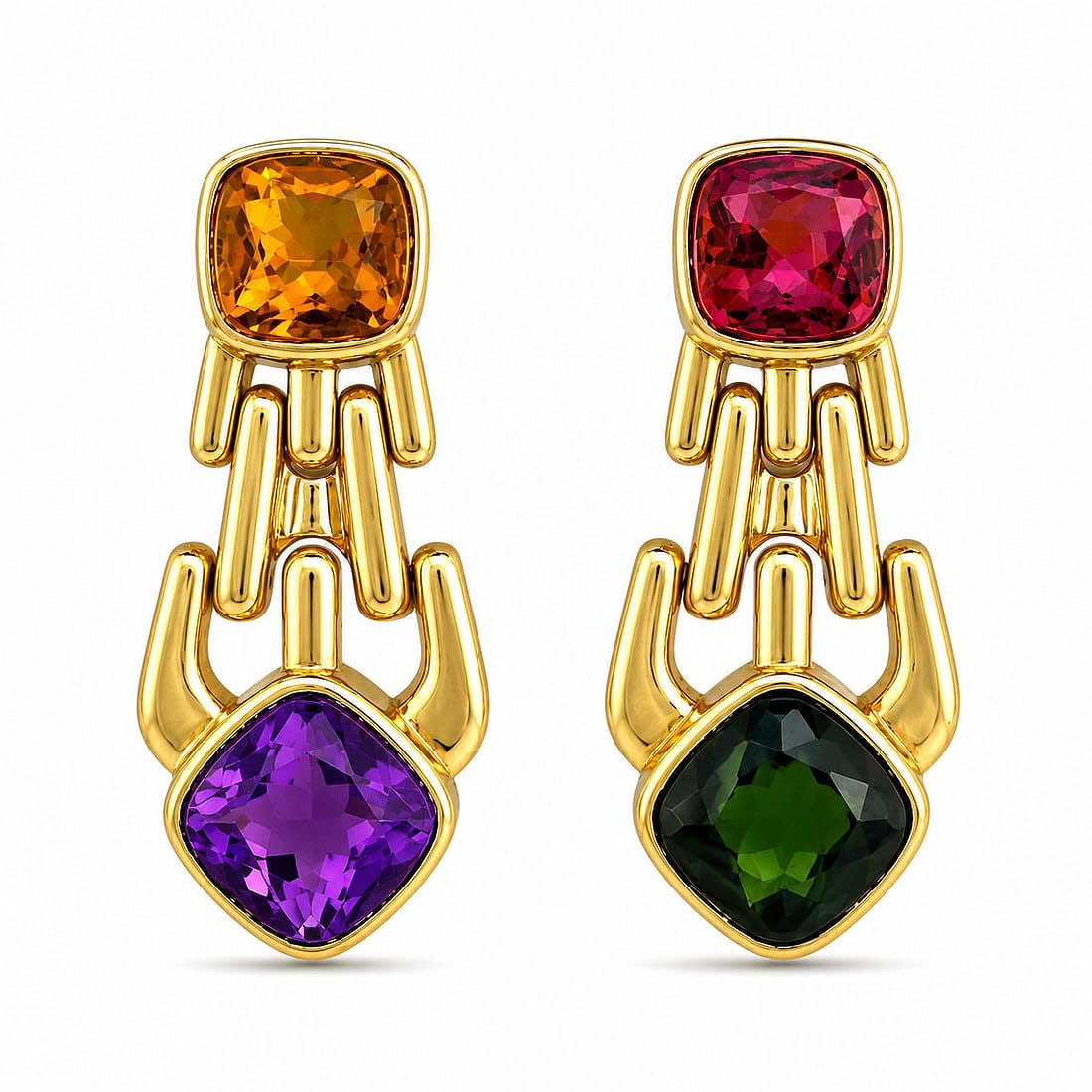 Italian 18K Yellow Gold Citrine Amethyst Pink Tourmaline and Peridot Cascade Clip: Italian 18K Yellow Gold Citrine Amethyst Pink Tourmaline and Peridot Cascade Clip On Earrings These Italian earrings are crafted in 18K yellow gold and feature a flexible cascading link design that mo