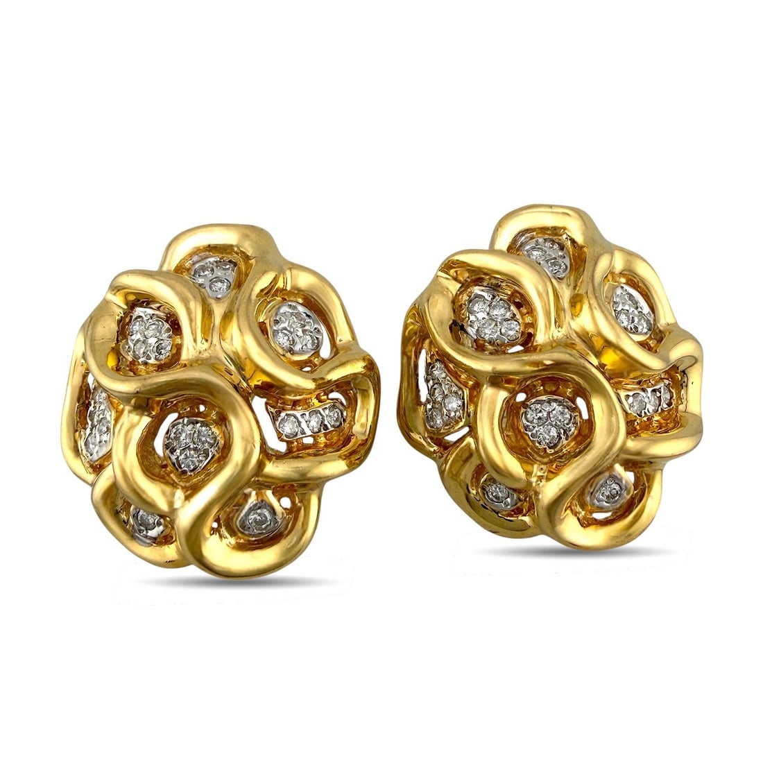 14K Yellow Gold 1.2ct Diamond Wavy Design Earrings: 14K Yellow Gold 1.2ct Diamond Wavy Design Earrings An elegant pair of sculptural earrings crafted in luminous 14 karat yellow gold, designed in a fluid wavy motif that creates beautiful dimension and 