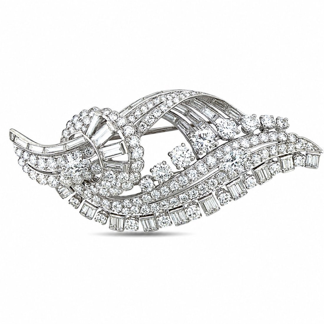Large Vintage Platinum 10.00ct Diamond Brooch: Large Vintage Platinum 10.00ct Diamond Brooch This exceptional platinum brooch is designed in a long horizontal form and set with approximately 10.00 carats of diamonds. The brooch features a graceful