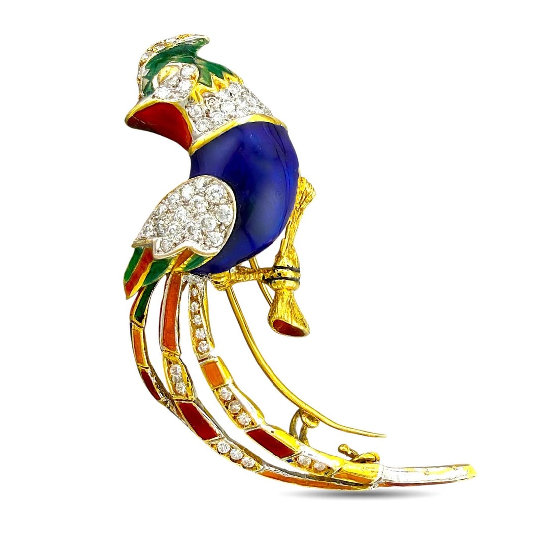 18K Yellow Gold 2.00ct Diamond and Enamel Parrot Brooch: 18K Yellow Gold 2.00ct Diamond and Enamel Parrot Brooch This 18K yellow gold parrot brooch features a detailed bird design perched on a branch, finished with green, orange, blue, and red enamel. The b