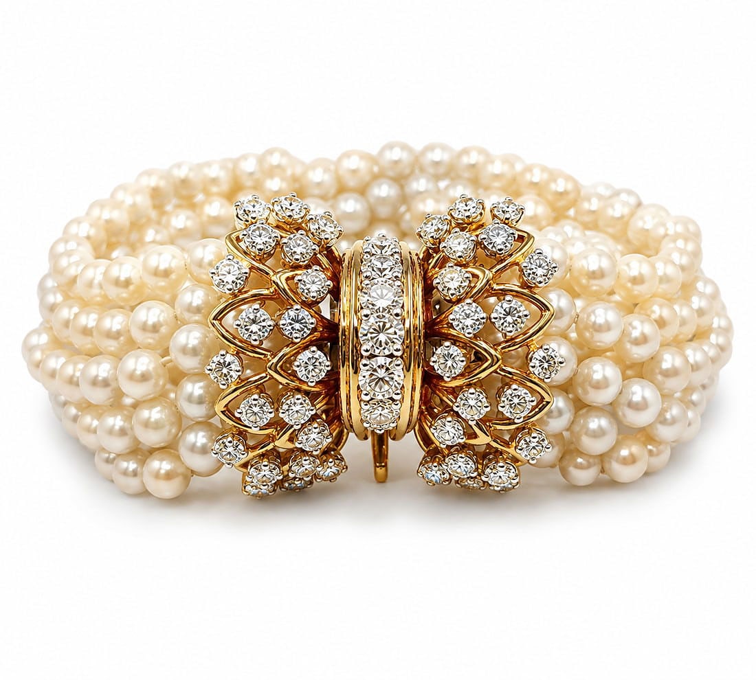 Antique 18K Yellow Gold Multi-Strand Pearl and 4.3ct Diamond Bracelet (1 of 5)