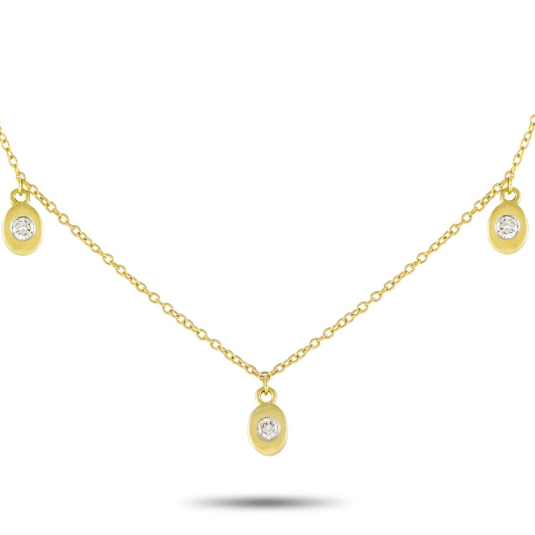 14K Yellow Gold 0.06ct Diamond Station Necklace: 14K Yellow Gold 0.06ct Diamond Station Necklace A series of 14K Yellow Gold pendants make this necklace an instant classic. On the trio of pendants, round-cut diamonds with a total weight of 0.06 cara