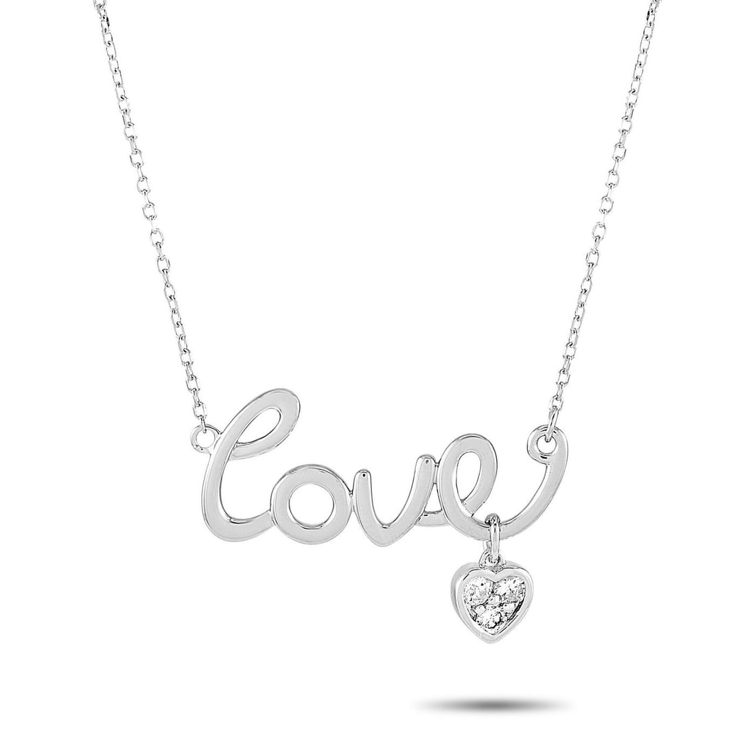 14K White Gold and Diamond Love Pendant: 14K White Gold 0.10 ct Diamond Love Pendant Necklace necklace is crafted from 14K white gold and weighs 2.4 grams. It is presented with a 15” chain and boasts a love pendant that measures 0.50&r