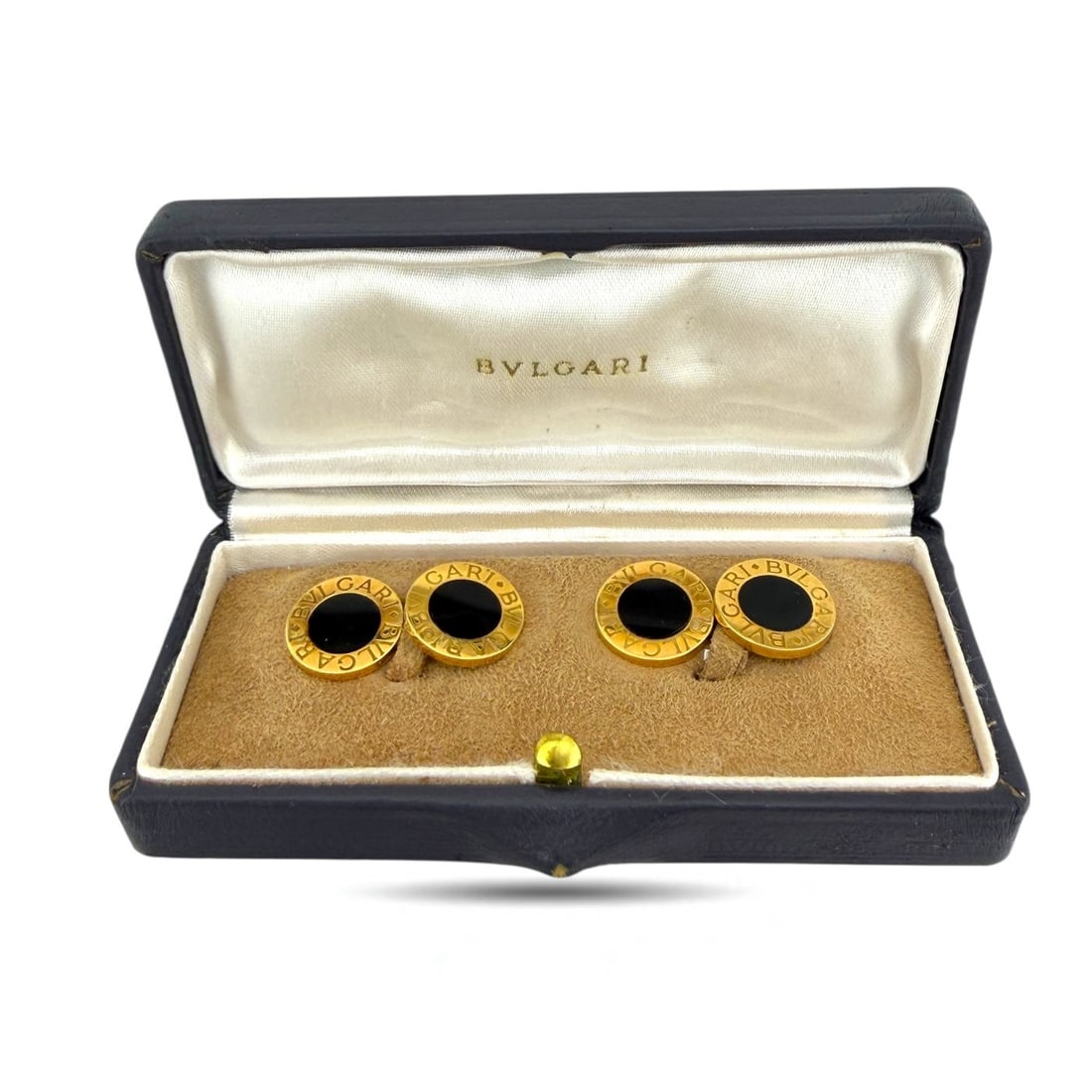 Bvlgari 18K Yellow Gold Cufflinks: 18K Yellow Gold Bvlgari Gold Cufflinks with Original Box A refined pair of 18K Yellow Gold Bvlgari cufflinks distinguished by clean proportions and understated luxury. Crafted with the brand’s signa