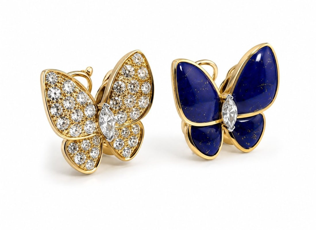 Van Cleef & Arpels Two Butterfly earrings: Van Cleef & Arpels Two Butterfly Earrings, 18K Yellow Gold Lapis Lazuli Diamonds Description Condition: - Like New Brand: Van Cleef & Arpels Material: - 18K Yellow Gold Diamond: - 36 stones, 0.99 cara