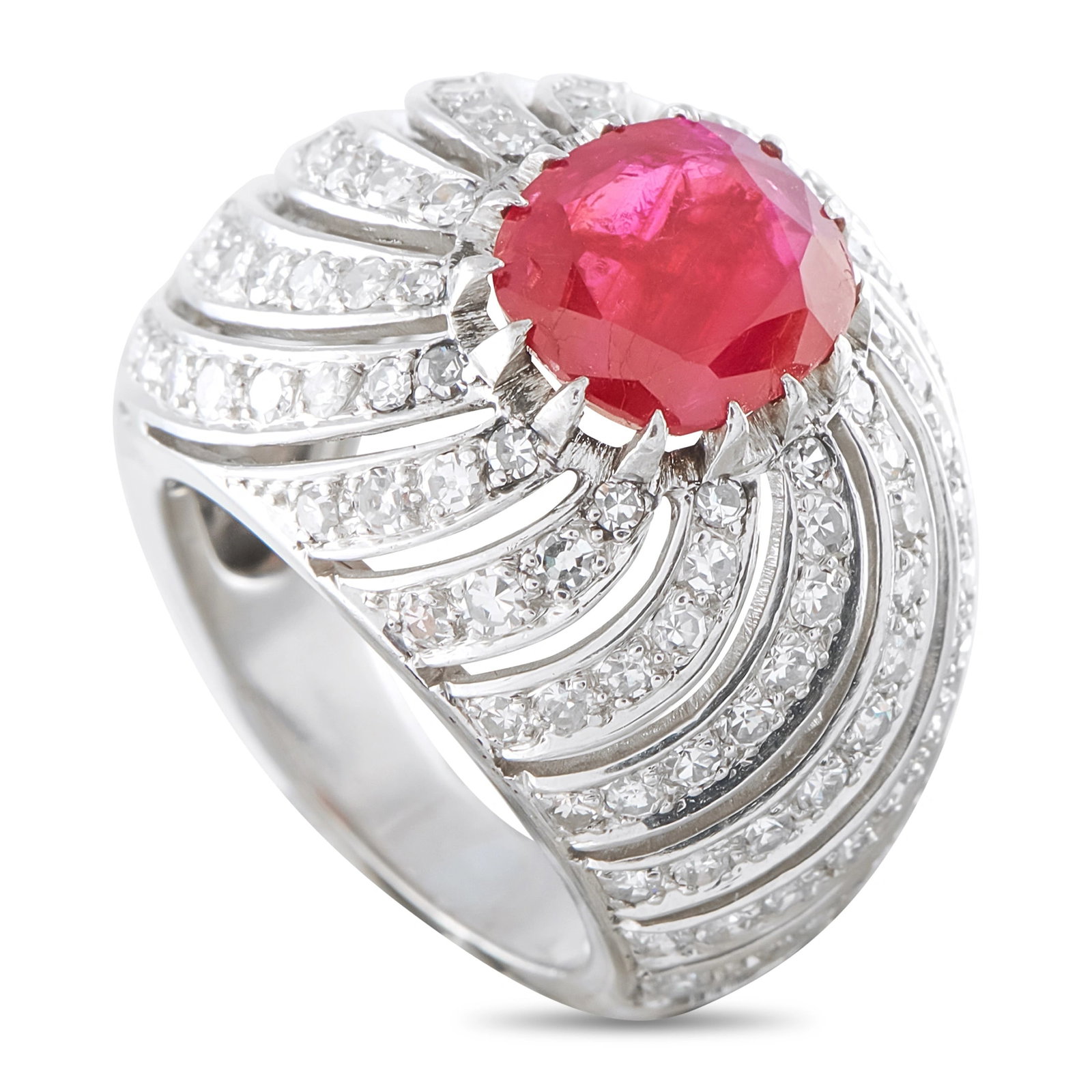 Platinum 1.0ct Diamond and Ruby Ring: This bold ring is crafted in platinum and centers on a striking oval-cut ruby of approximately 2.0 carats, prong-set at the center of dramatic fan-like rows of pave-set round diamonds totaling