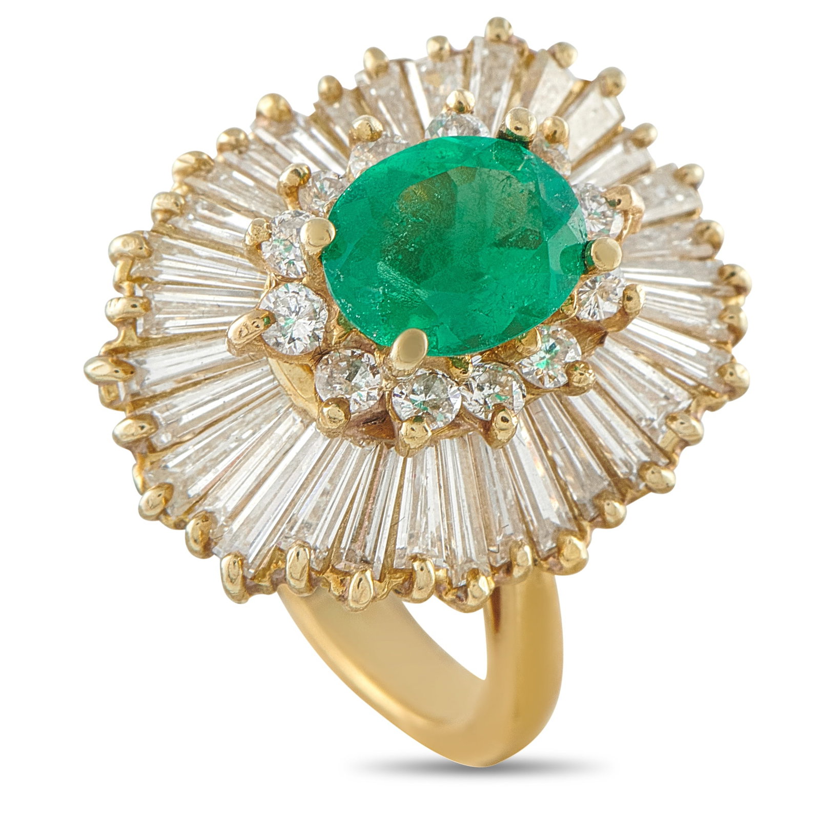 18K Yellow Gold 4.50ct Diamond and Emerald Ring: This luxury ring will continually radiate light. Set in 18K Yellow Gold, a 1.50 carat Emerald center stone adds a stunning pop of color to the center of the design. It’s surrounded by sparkling