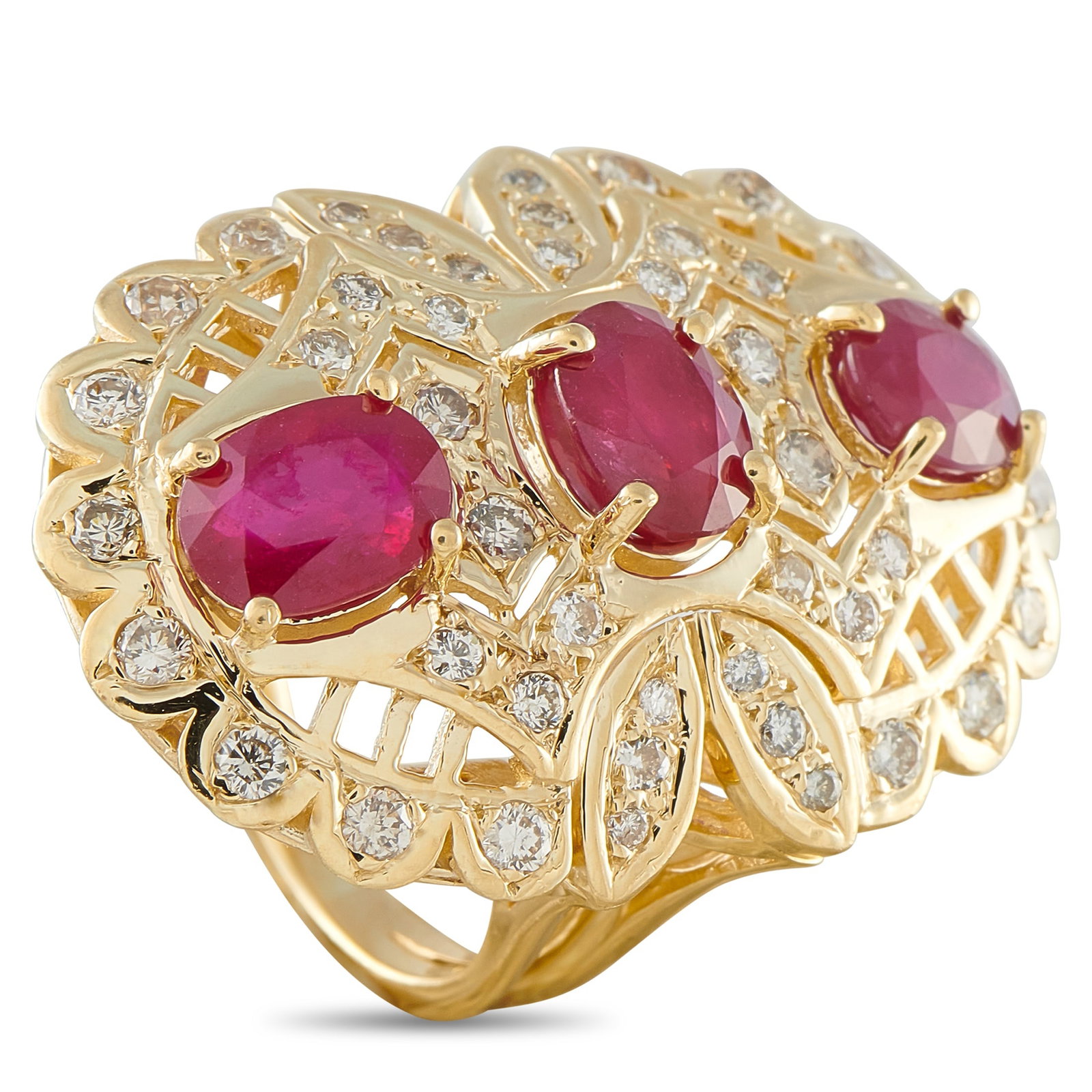 14K Yellow Gold 1.0ct Diamond and Ruby Ring: This luxury ring will continually make a statement. The detailed 14K Yellow Gold setting is elevated by sparkling Diamond accents totaling 1.0 carats. At the center, a trio of Ruby gemstones with a to