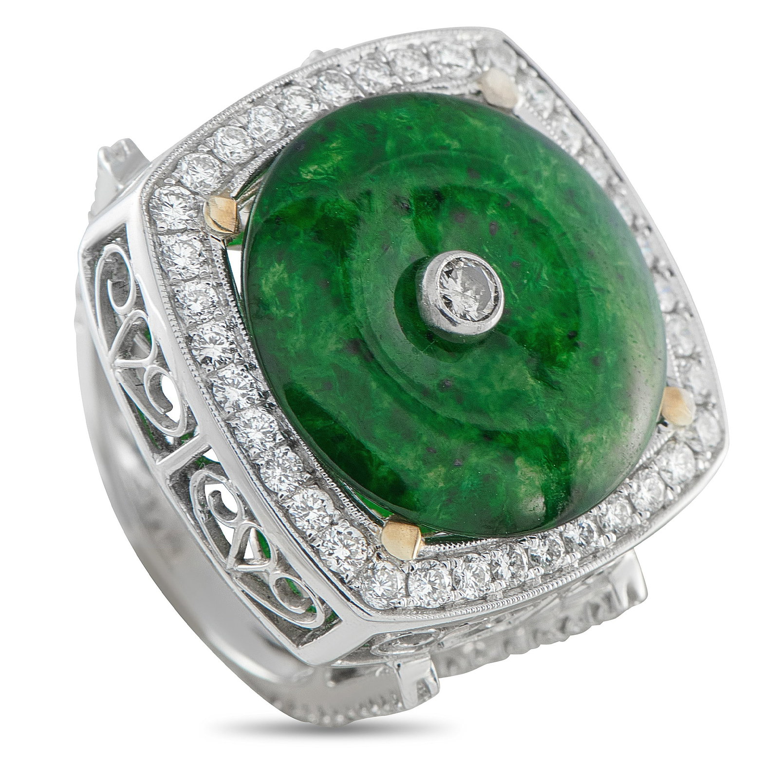 18K White Gold 1.25ct Diamond and Jade Ring: This luxury ring is designed to continually make a statement. Filigree metalwork ensures the 18K White Gold setting looks opulent from every angle. Diamonds with a total weight of 1.25 carats –