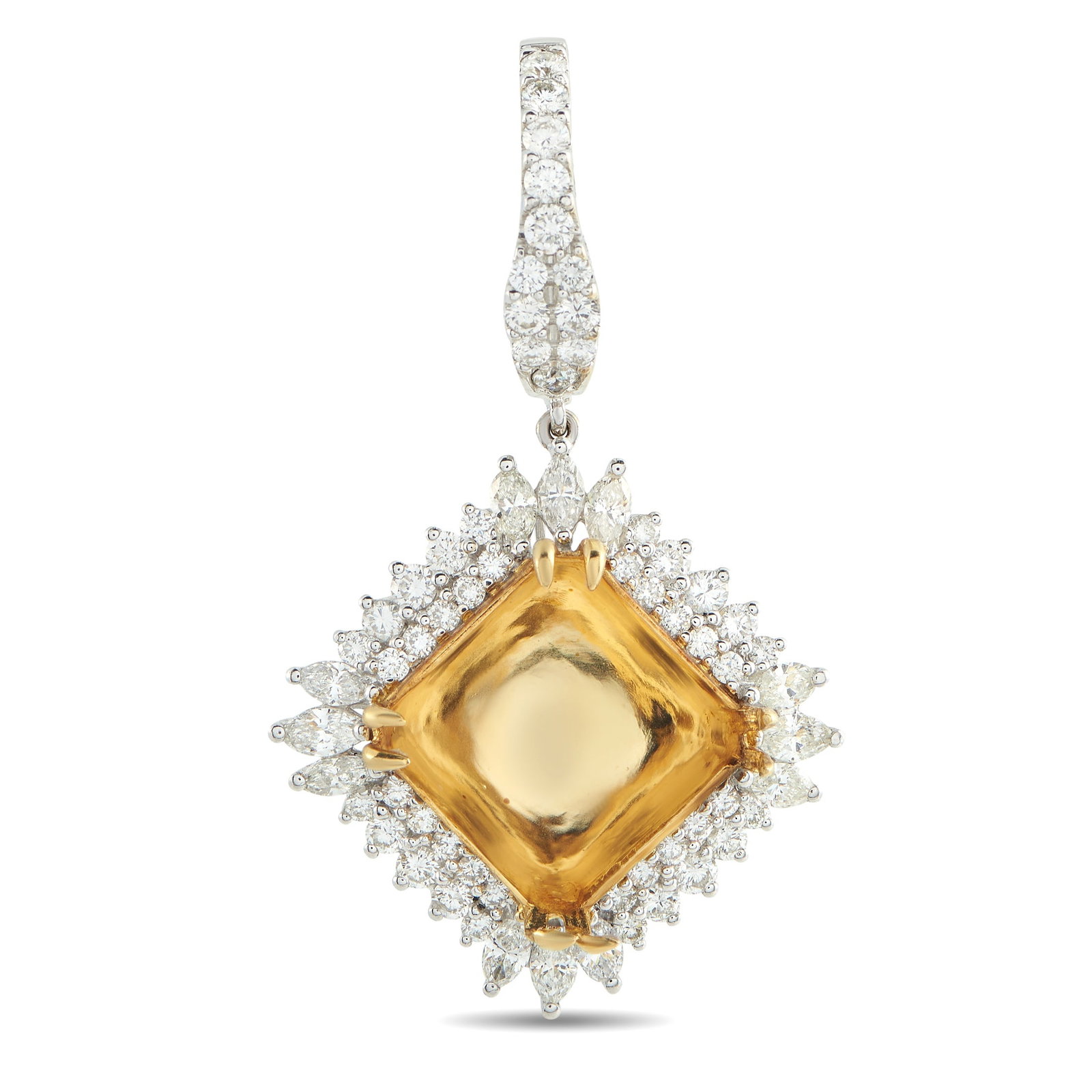 18K White Gold 4.52ct Diamond Pendant: This luxury pendant is designed to effortlessly catch the light. Sparkling Diamonds with a total weight of 4.52 carats make it an eye-catching piece that will continually impress. At the center, a lus