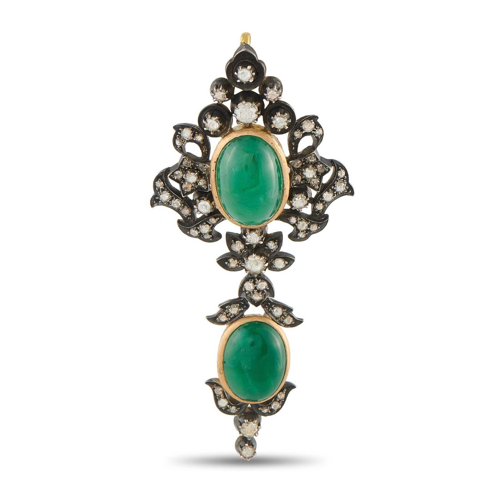 Antique 18K Yellow Gold and Silver 2.50ct Diamond and Emerald Pendant: An intricate two-toned setting crafted from 18K Yellow Gold and Silver provides a stunning foundation for this luxury pendant. Emerald cabochons with a total weight of 32.0 carats make it simply mesme