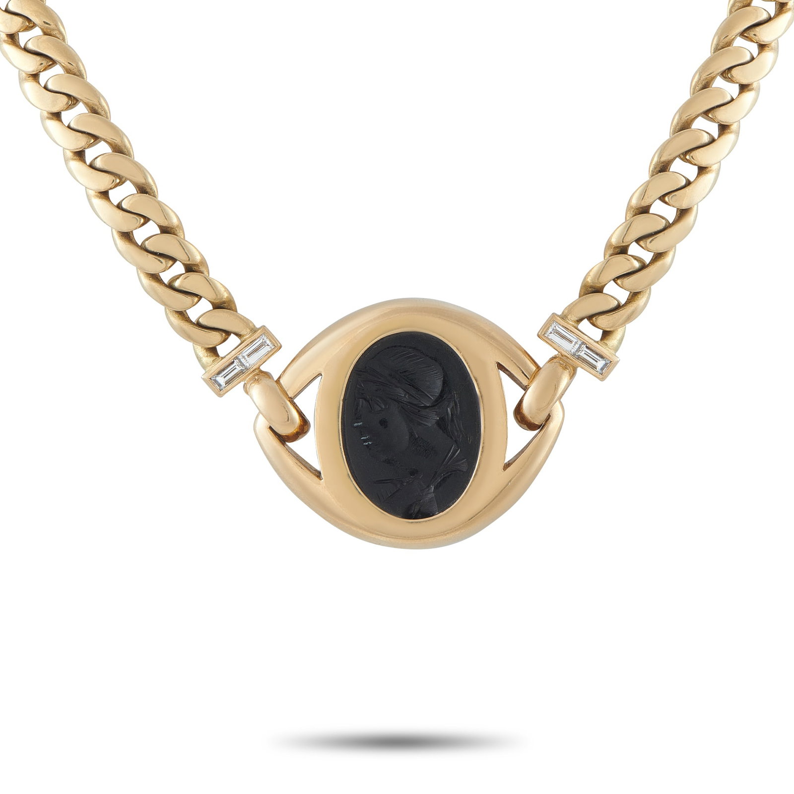 Bvlgari Intaglio 18K Yellow Gold Diamond Necklace: This Bvlgari Intaglio necklace brings old world elegance to the present day. The classical cameo at the center of the pendant offers a nod to the brand’s Italian roots, while Diamond accents offer s
