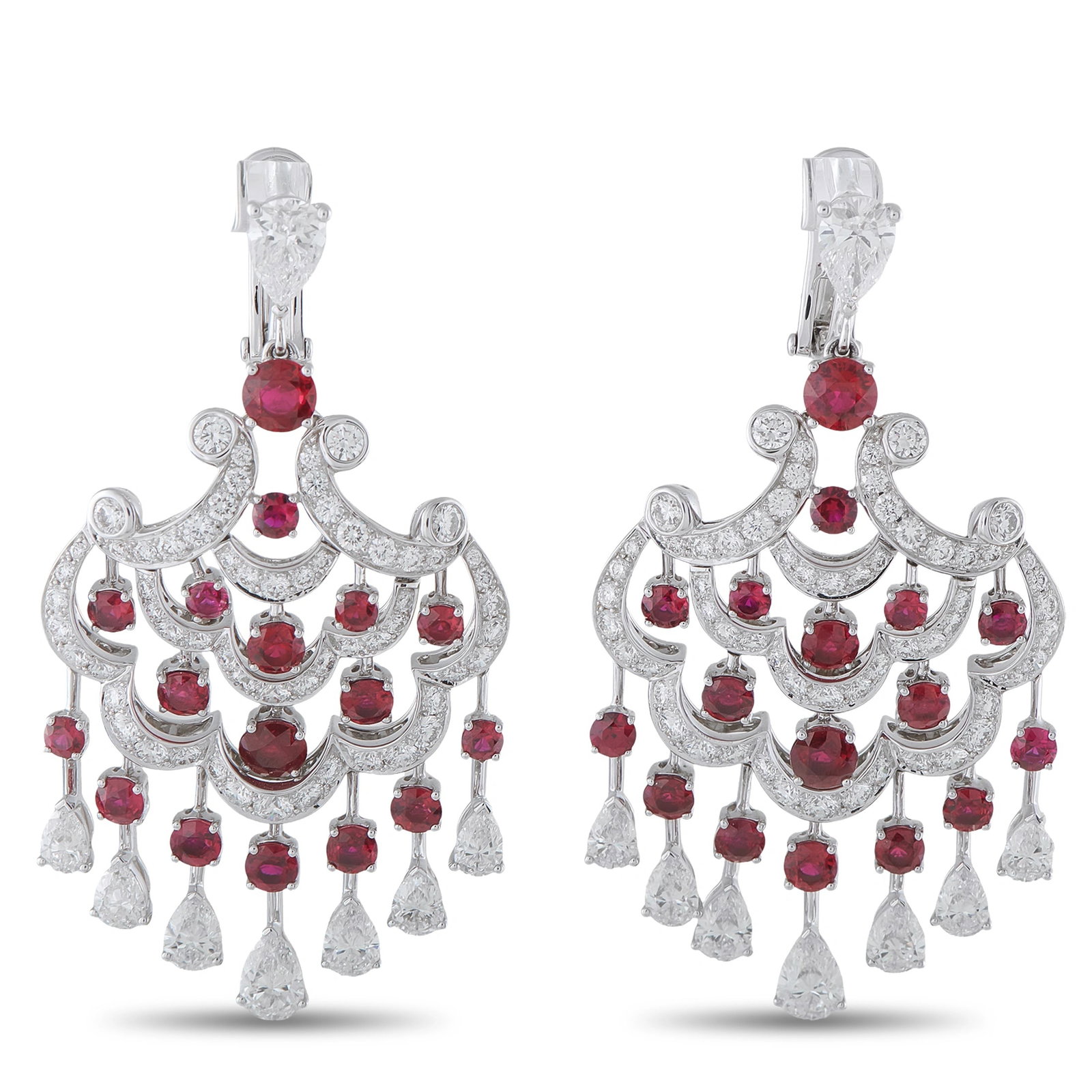 Graff 18K White Gold 10.07ct Diamond and Ruby Chandelier Earrings: These stunning Graff chandelier earrings are crafted in 18K white gold and feature a tiered, scalloped openwork design set with round rubies totaling approximately 8.28 carats. The earrings are furthe