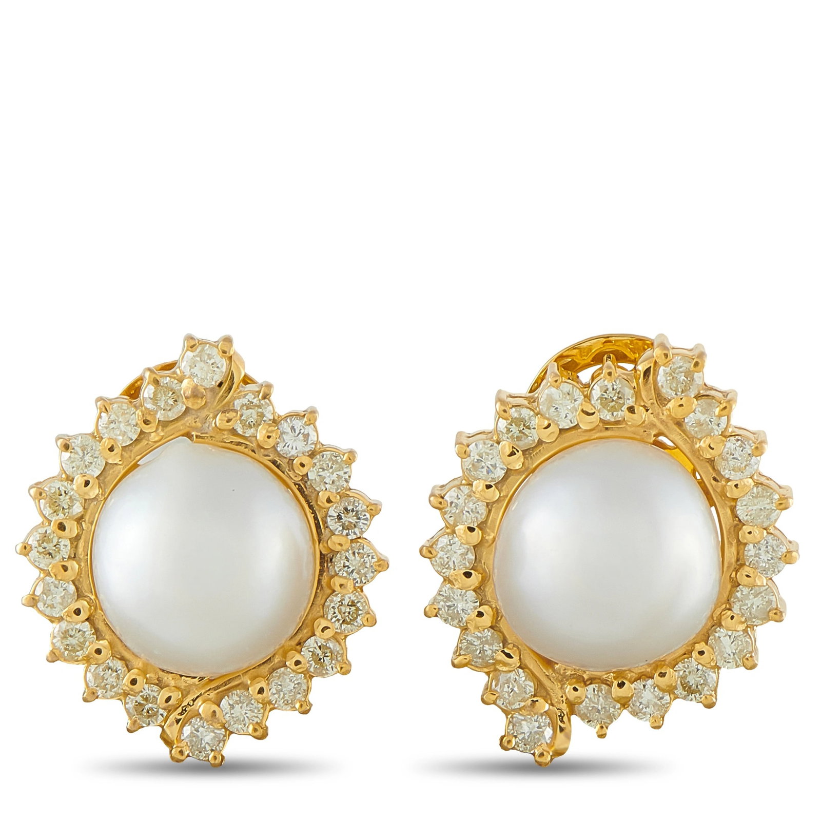 18K Yellow Gold 1.60ct Diamond and Pearl Cluster Earrings: These earrings are crafted in 18K yellow gold and feature lustrous 12mm pearls encircled by a halo of round brilliant-cut diamonds totaling approximately 1.60 carats. Each earring is fitted with a