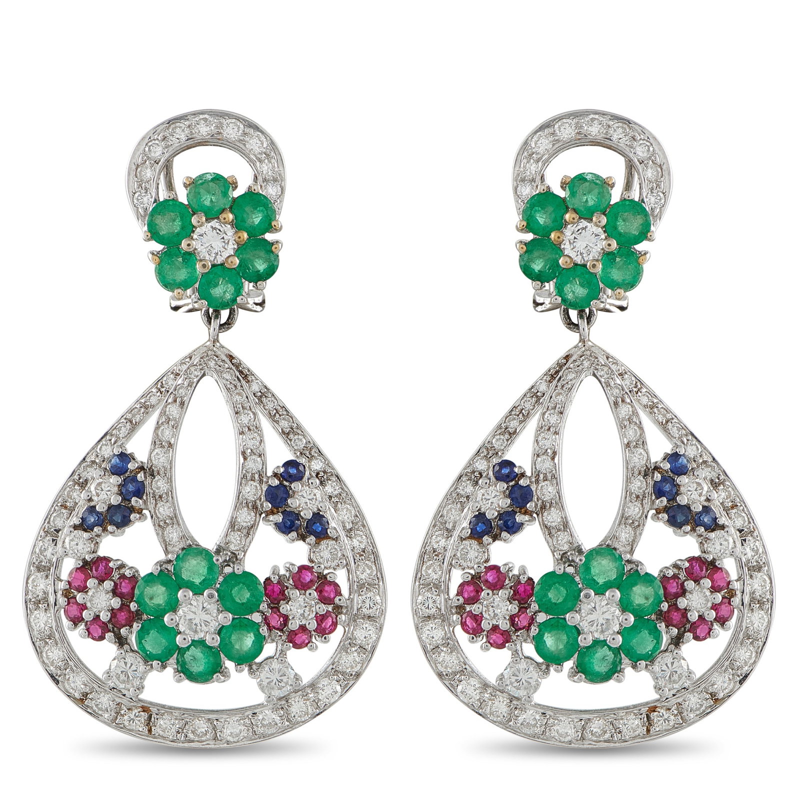 18K White Gold 1.85ct Diamond, Sapphire, Ruby, and Emerald Earrings: These luxury earrings capture the beauty of a garden in bloom. Floral motifs adorned with Sapphires, Rubies, and Emeralds add charm to the delicate design. Sparkling Diamonds with a total weight of 1.