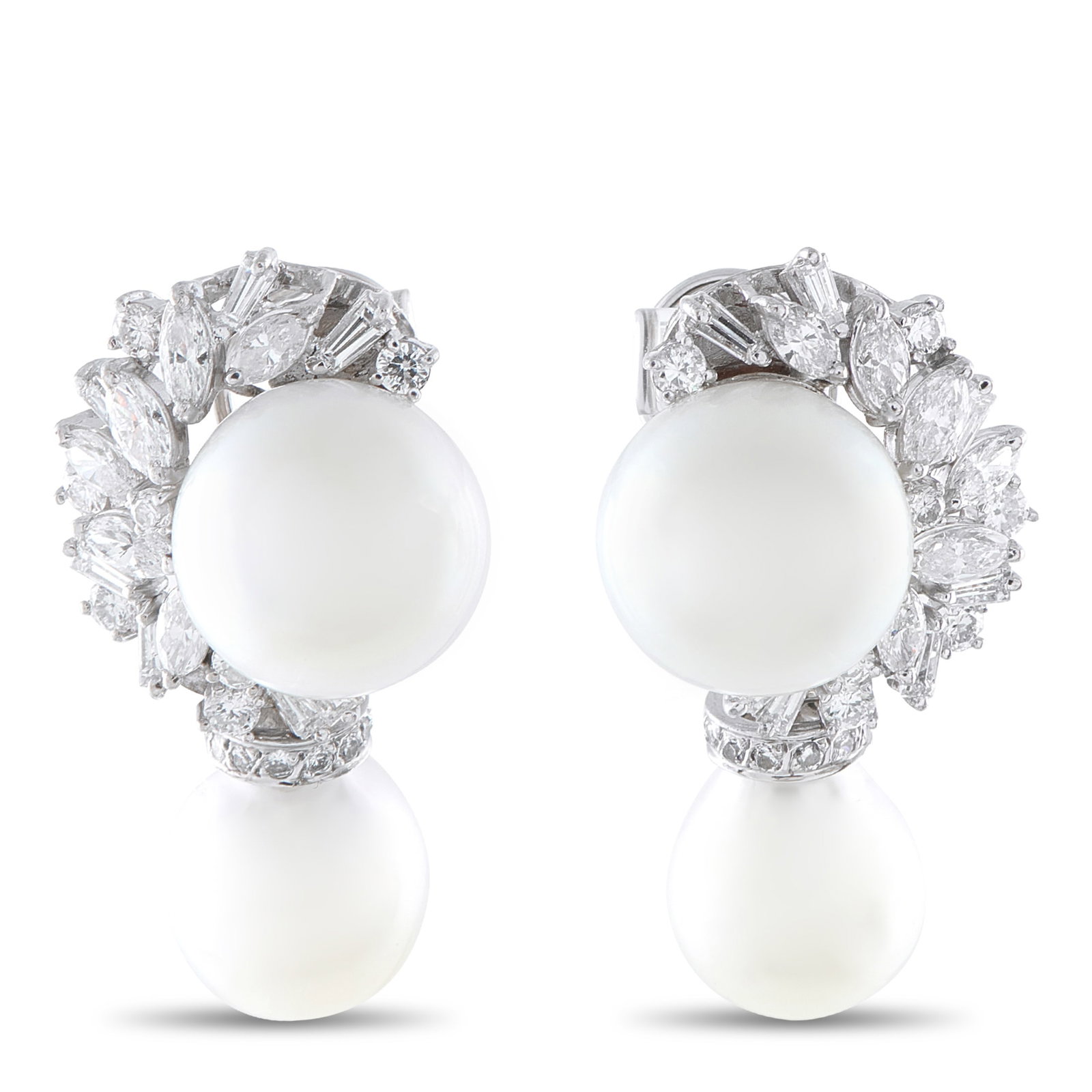 18K White Gold 2.85ct Diamond and Pearl Earrings: These opulent earrings will put the perfect finishing touch on any ensemble. Set in 18K White Gold, the curved setting beautifully highlights sparkling Diamonds totaling 2.85 carats. Pearls measuring